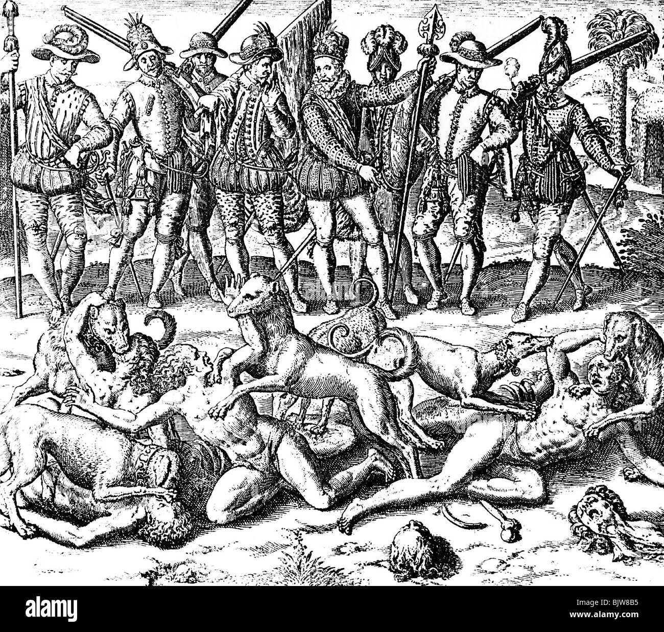 Colonialismo, Caribe, los indios rojos son asesinados por la sangre de Vasco Nunez de Balboa, madera cortada, siglo 16, Foto de stock