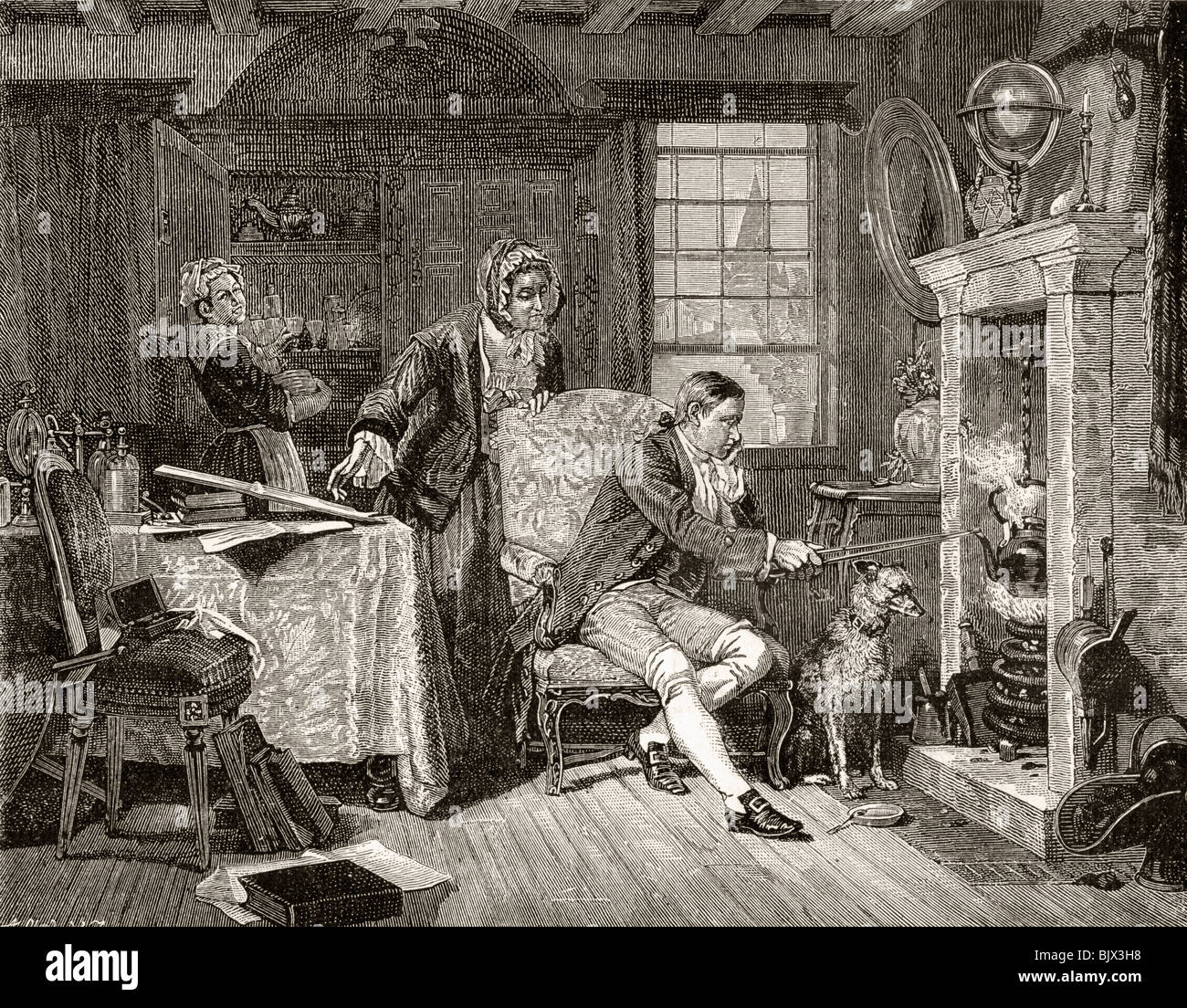 James Watt 1736 - 1819. Inventor e ingeniero mecánico escocés observando vapor desde una pava cuando él era un hombre joven. Foto de stock