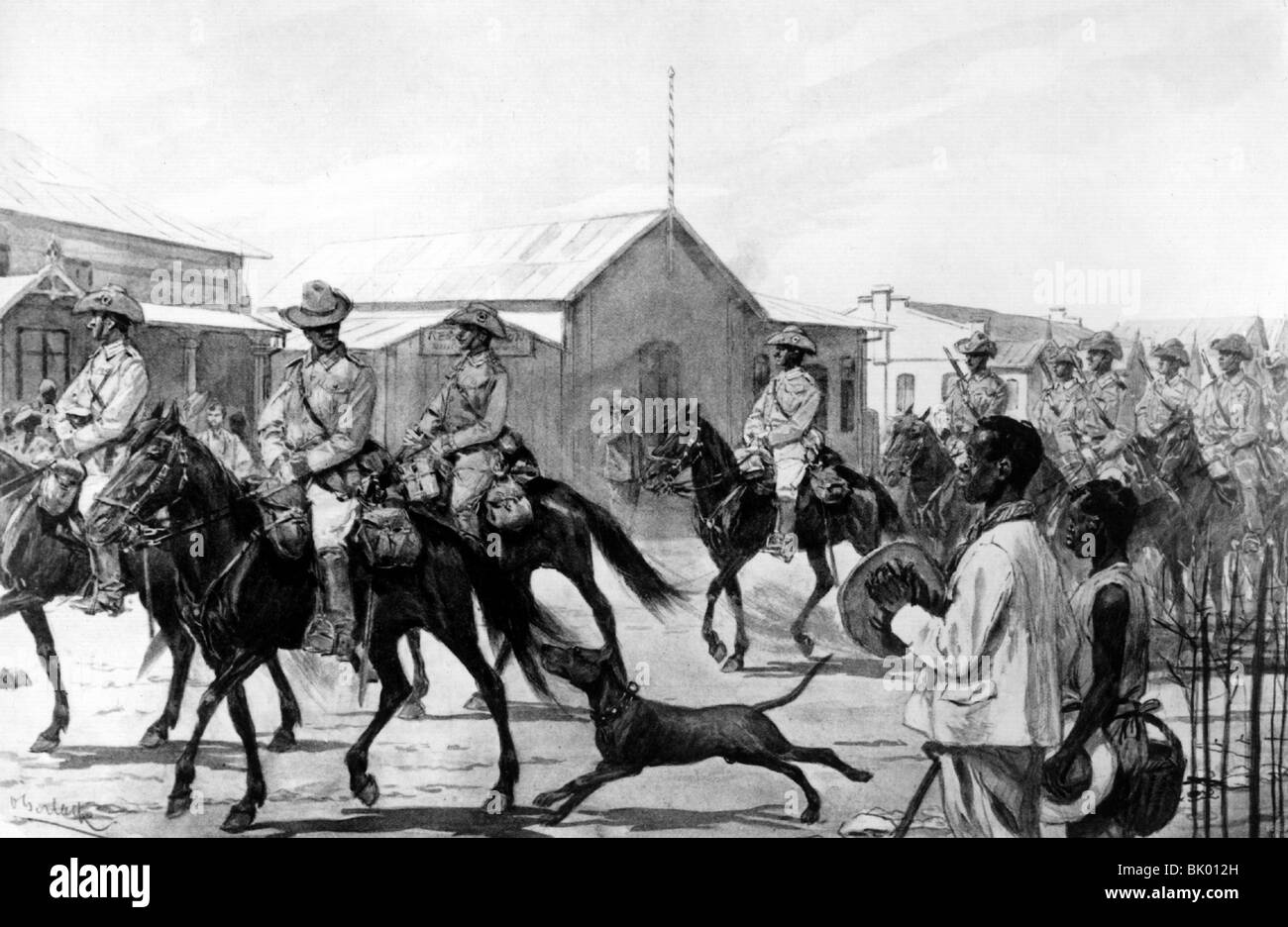 Colonialismo, colonias alemanas, África Sudoccidental alemana, marchando a través de tropas de caballería a través de Karibib durante la guerra de Herero, bosquejo, 1904 / 1907, Foto de stock