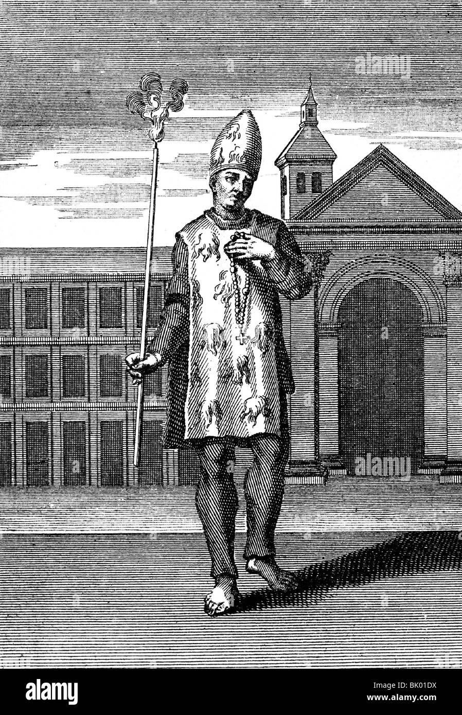 Judicial, inquisición, convicto, hereje condenado a muerte por quema, grabado de cobre por B. Piave, 1722, Foto de stock