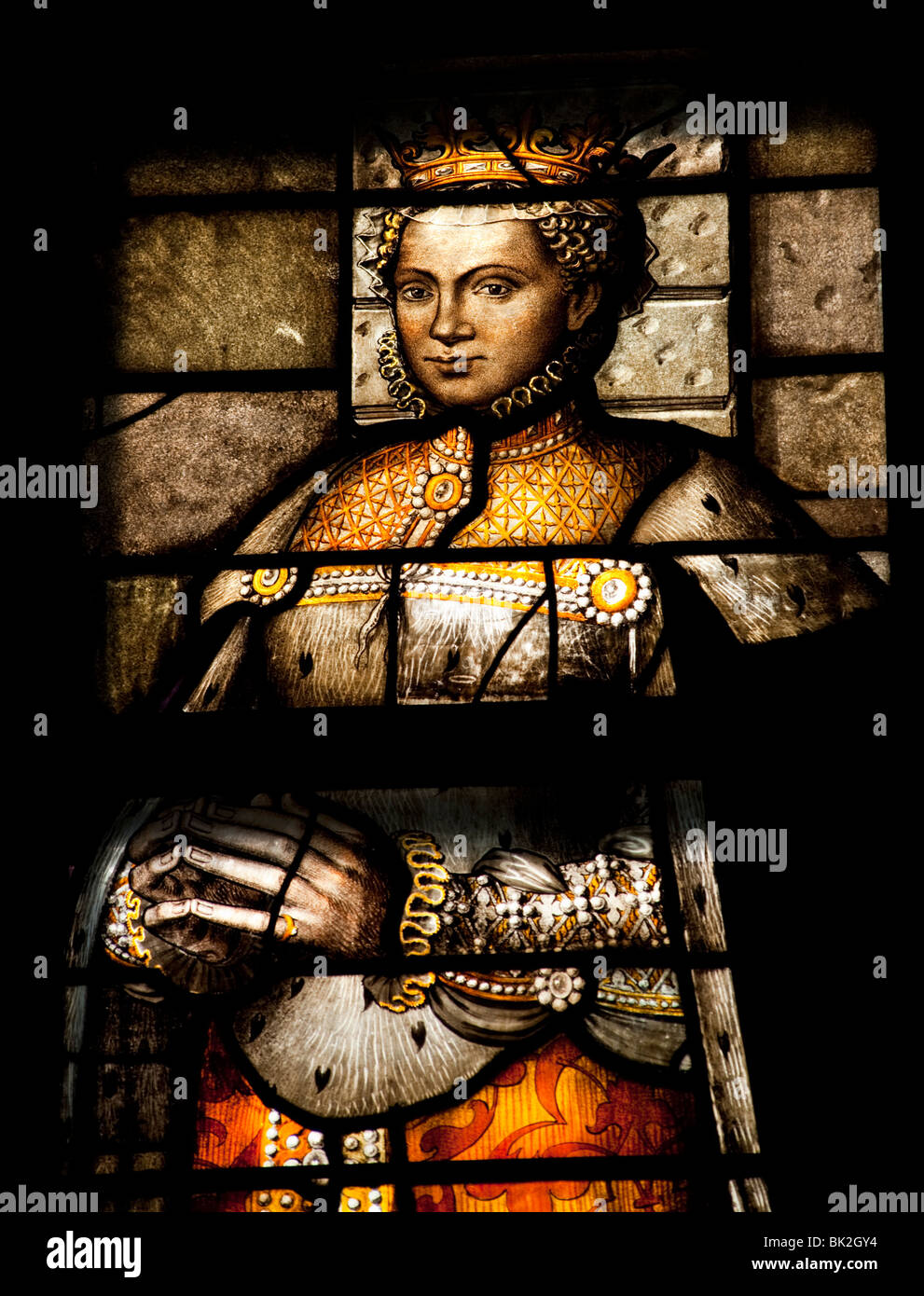 Detalle del famoso siglo xvi Gouda windows en St Janskerk o Saint Johns iglesia en Gouda Holanda Foto de stock