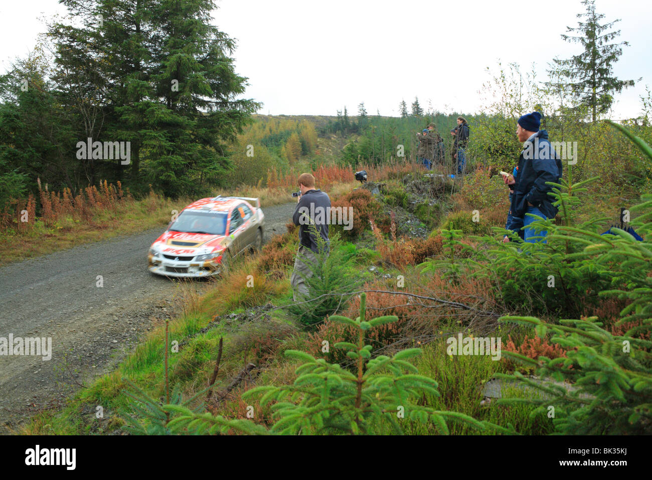 Los espectadores fotografiando un competidor en el WRC especial celebrada en el bosque de Hafren, cerca de Llanidloes, Powys, Gales. Foto de stock