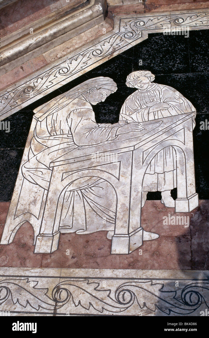 Incrustaciones de mármol en el piso de la catedral de Siena, Italia