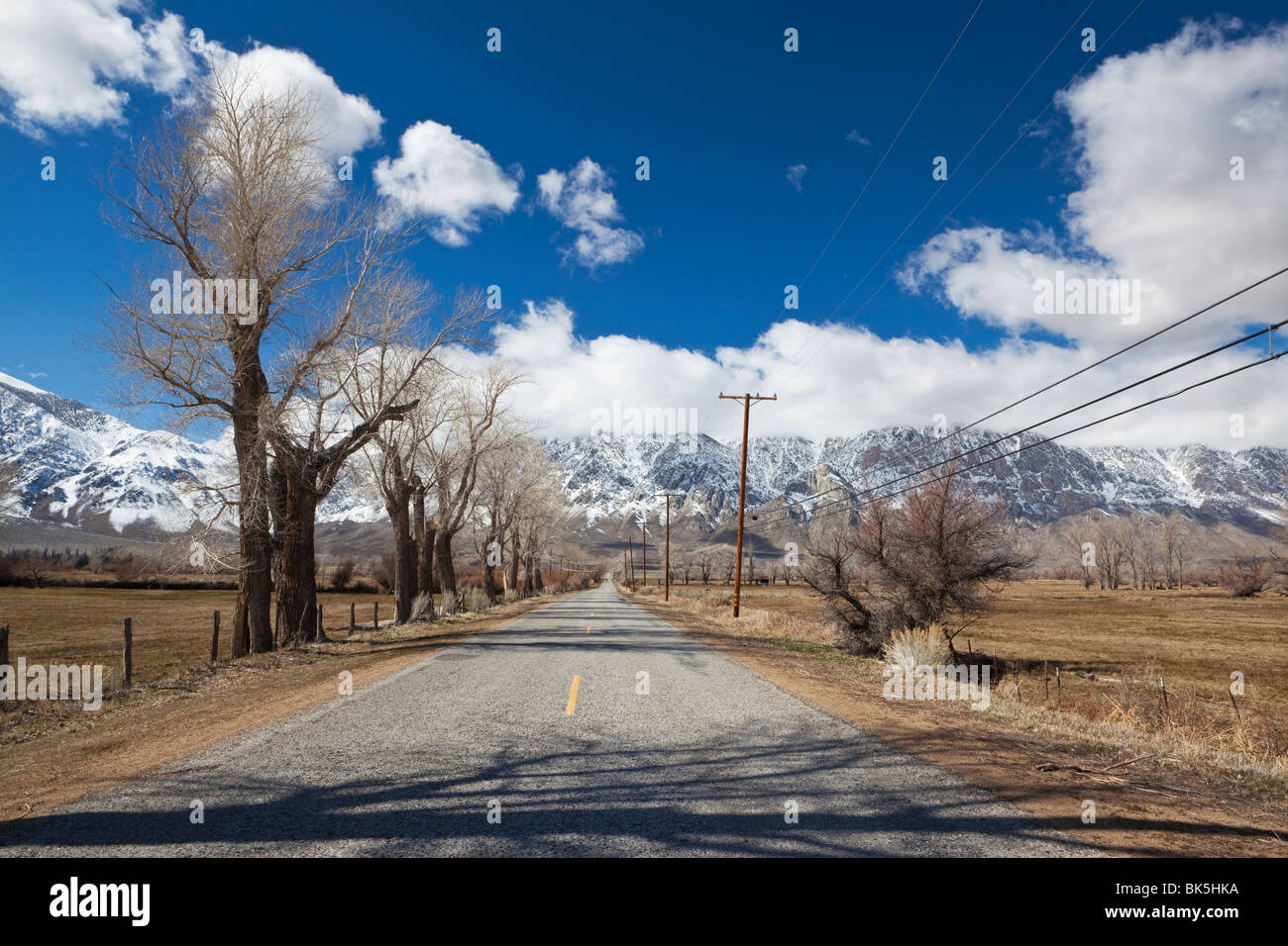 Carretera rural hacia los picos de la parte oriental de Sierra Nevada en California Foto de stock