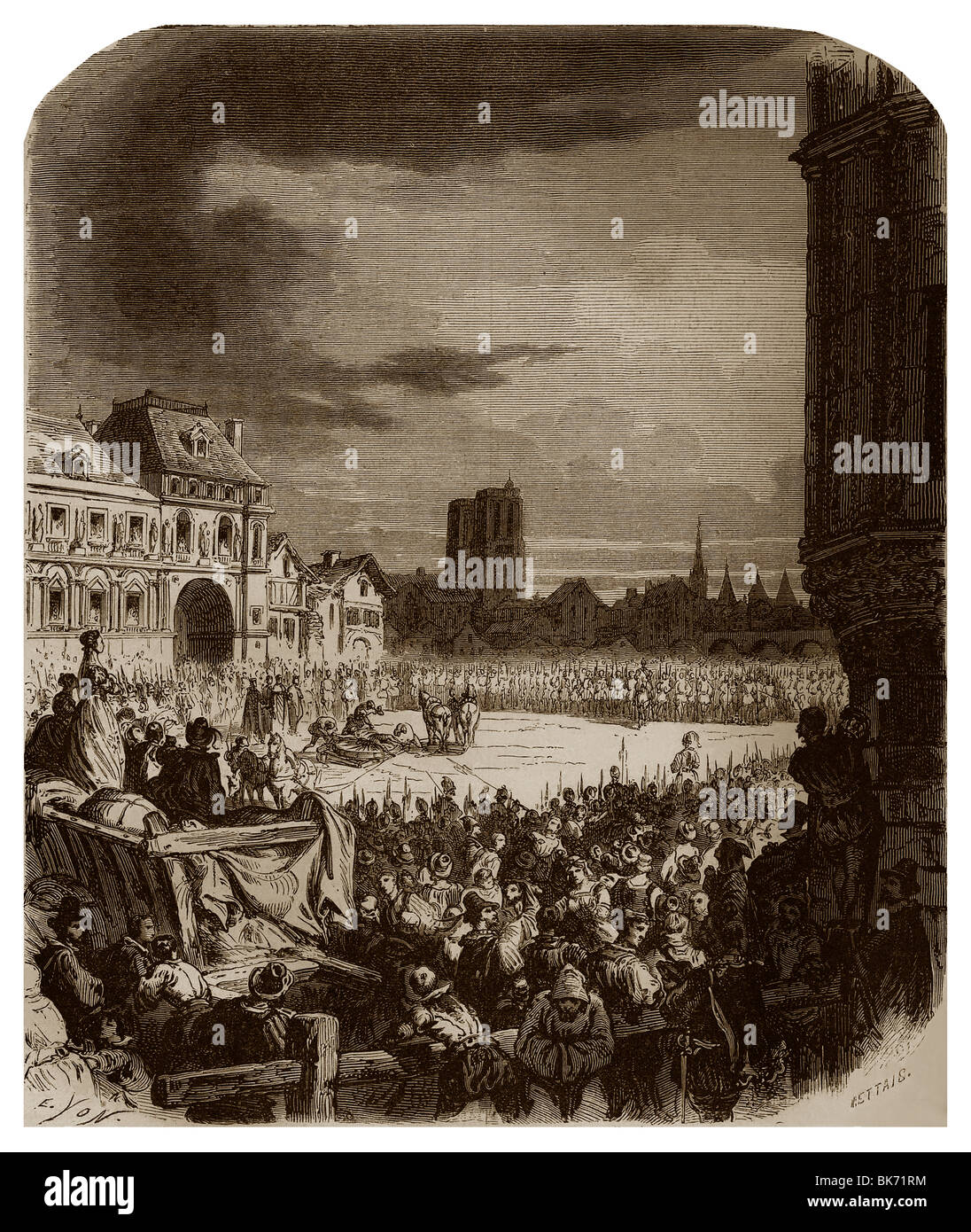 El 27 de mayo de 1610, François Ravaillac fue acantonado en la Place de Grève de París que ha asesinado el rey Enrique IV de Francia. Foto de stock