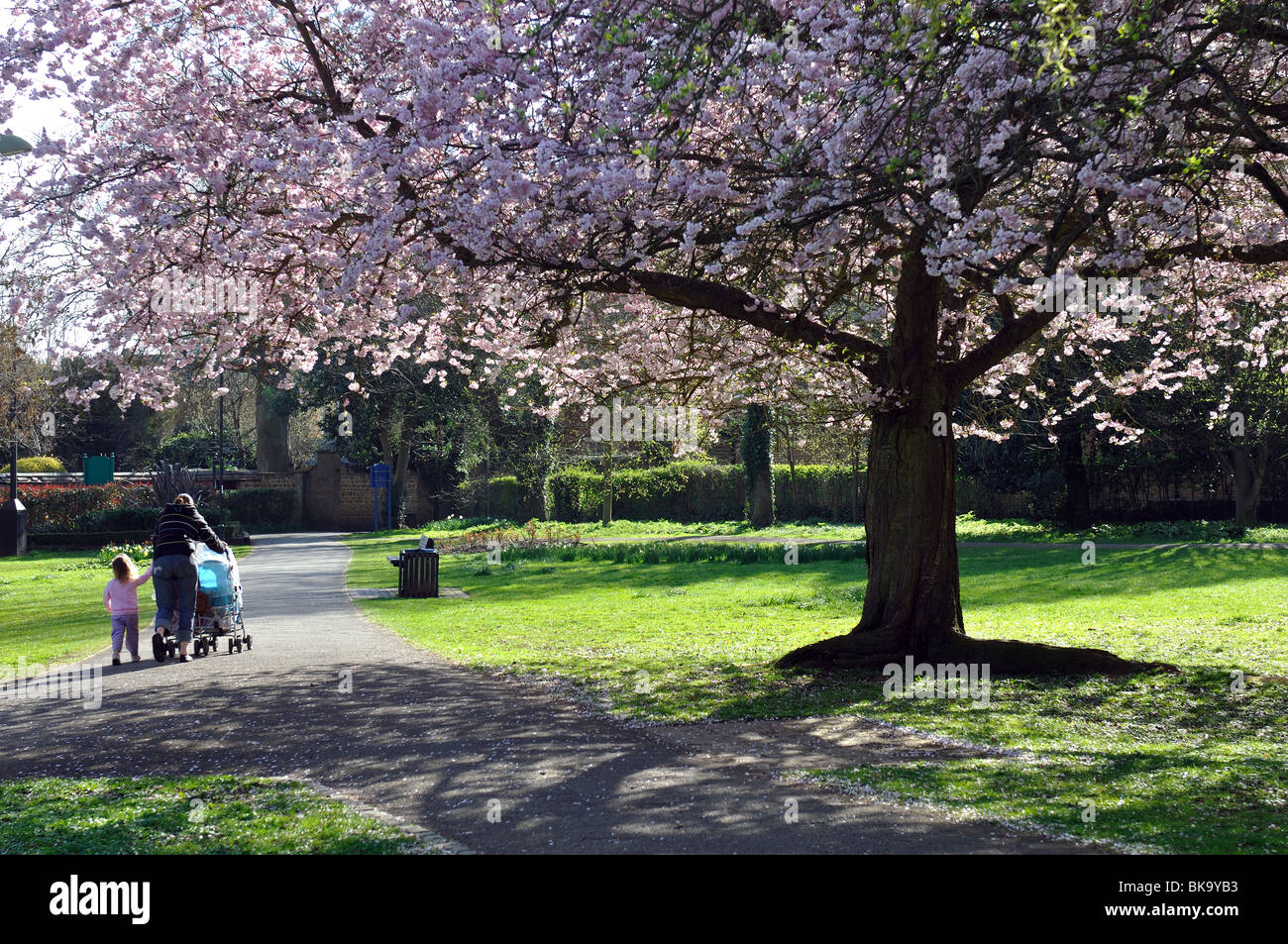 La gente del parque en primavera, Banbury, Oxfordshire, Inglaterra, Reino Unido. Foto de stock
