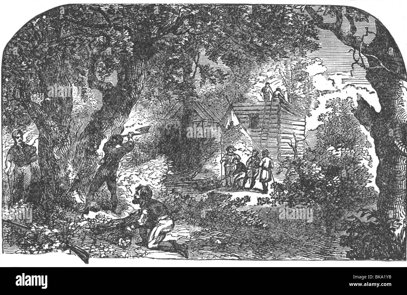 Geografía / viajes, Estados Unidos de América, gente, inmigrantes, colonos británicos bajo John Smith construyendo Jamestown 1607, Foto de stock