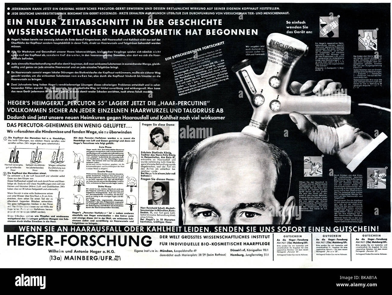 Publicidad, cosméticos, cuidado del cabello, Heger-Forschung, Percutor 55, anuncio en la revista 'Revue', Munich, número 41, 8.10.1955, Foto de stock
