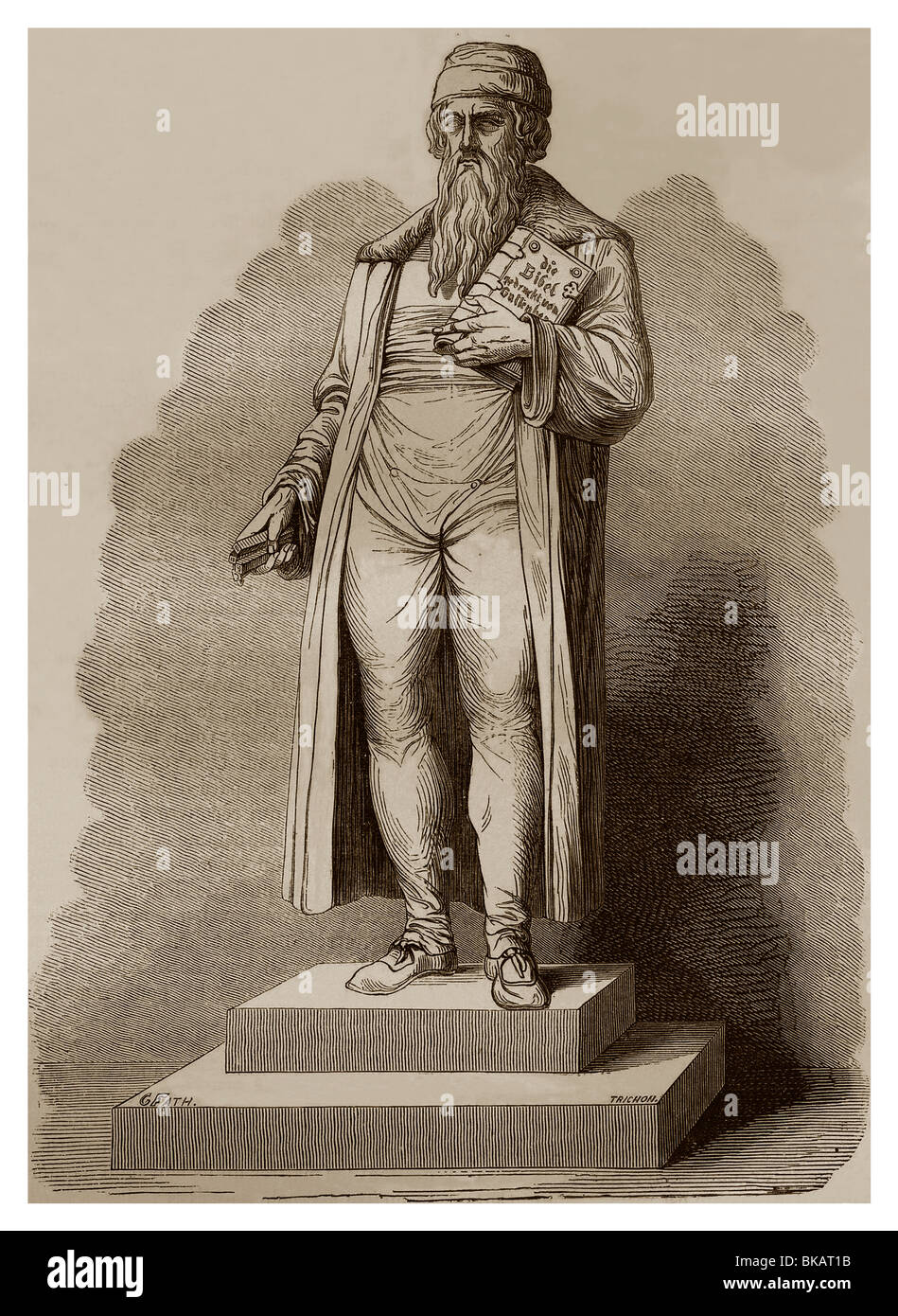Estatua de Gutenberg (1400-1468) en la ciudad de Maguncia. - Histoire populaire de la France, tomé Deuxième Ch. Lahure la publicación, circa 1860 Foto de stock