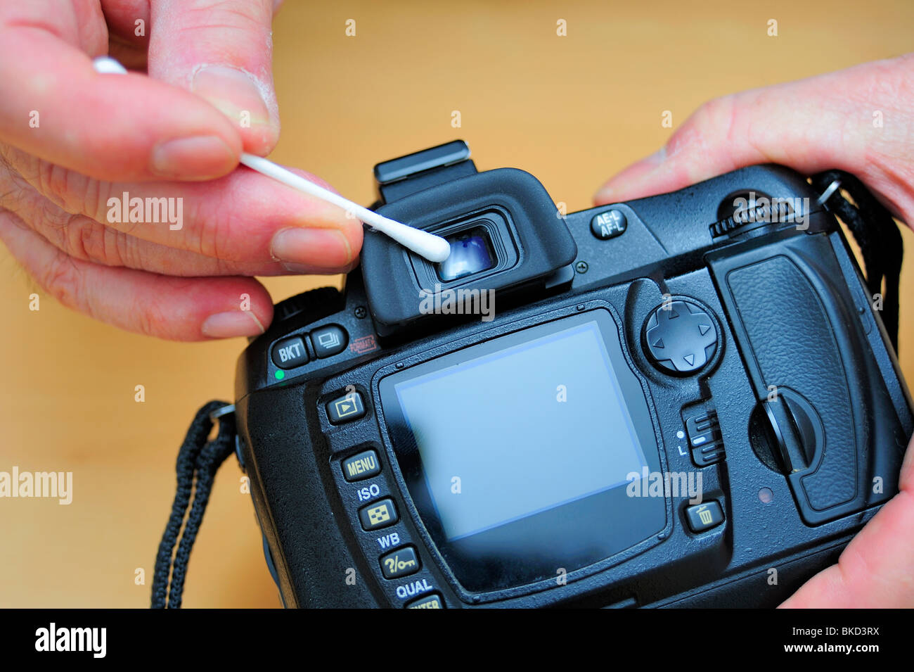 Limpieza del visor de una cámara con un bastoncillo de algodón Fotografía  de stock - Alamy