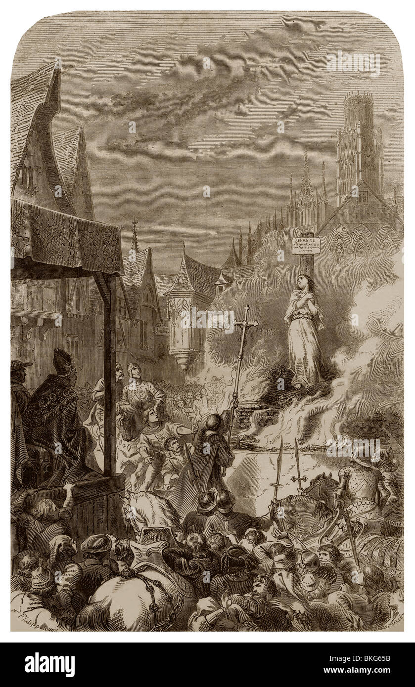 El 30 de mayo de 1431, Juana de Arco fue quemada en la hoguera en la plaza del Vieux-Marché en Rouen. Foto de stock