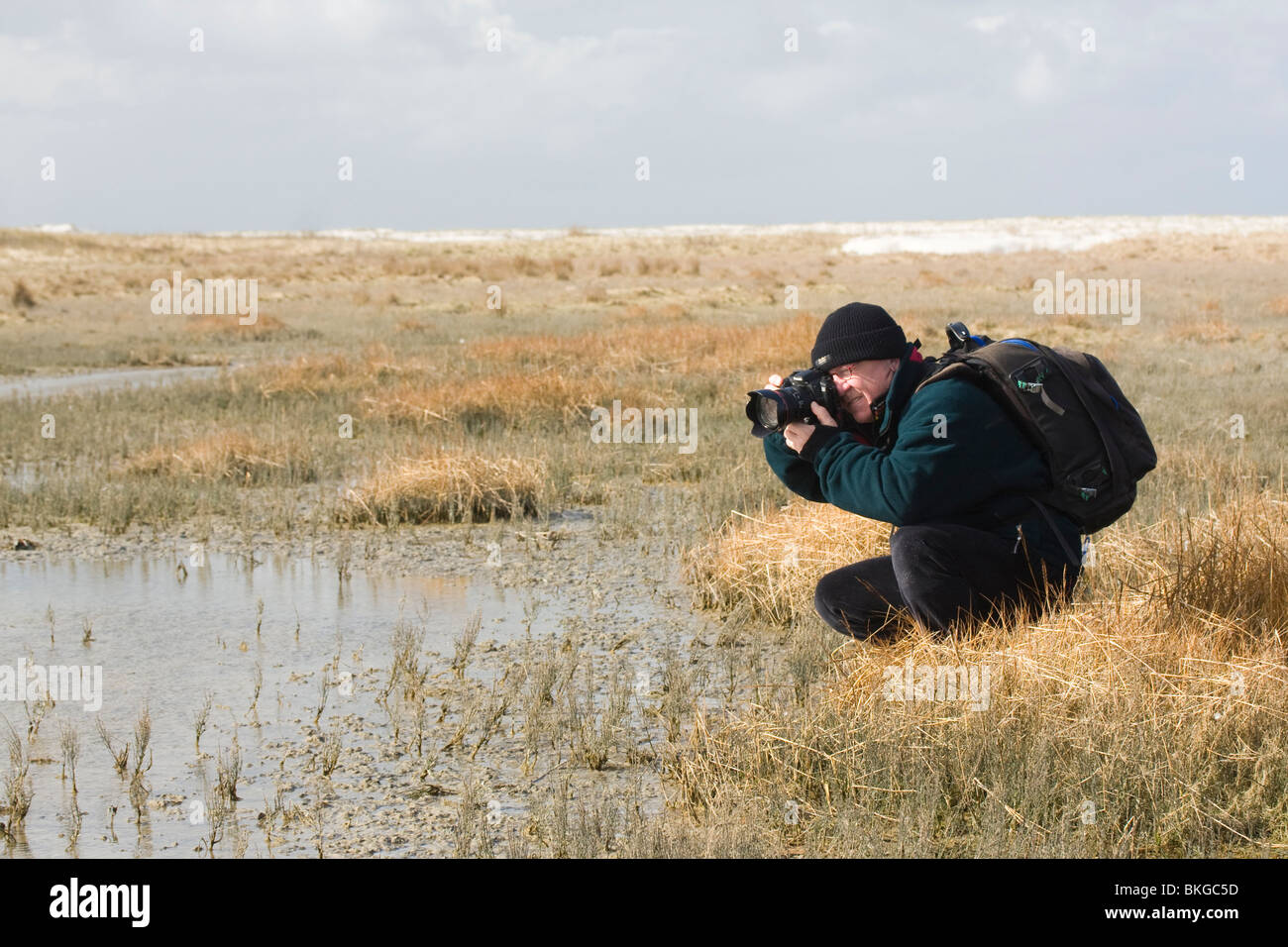Fotógrafo de la naturaleza en las dunas de Rottumeroog. Foto de stock