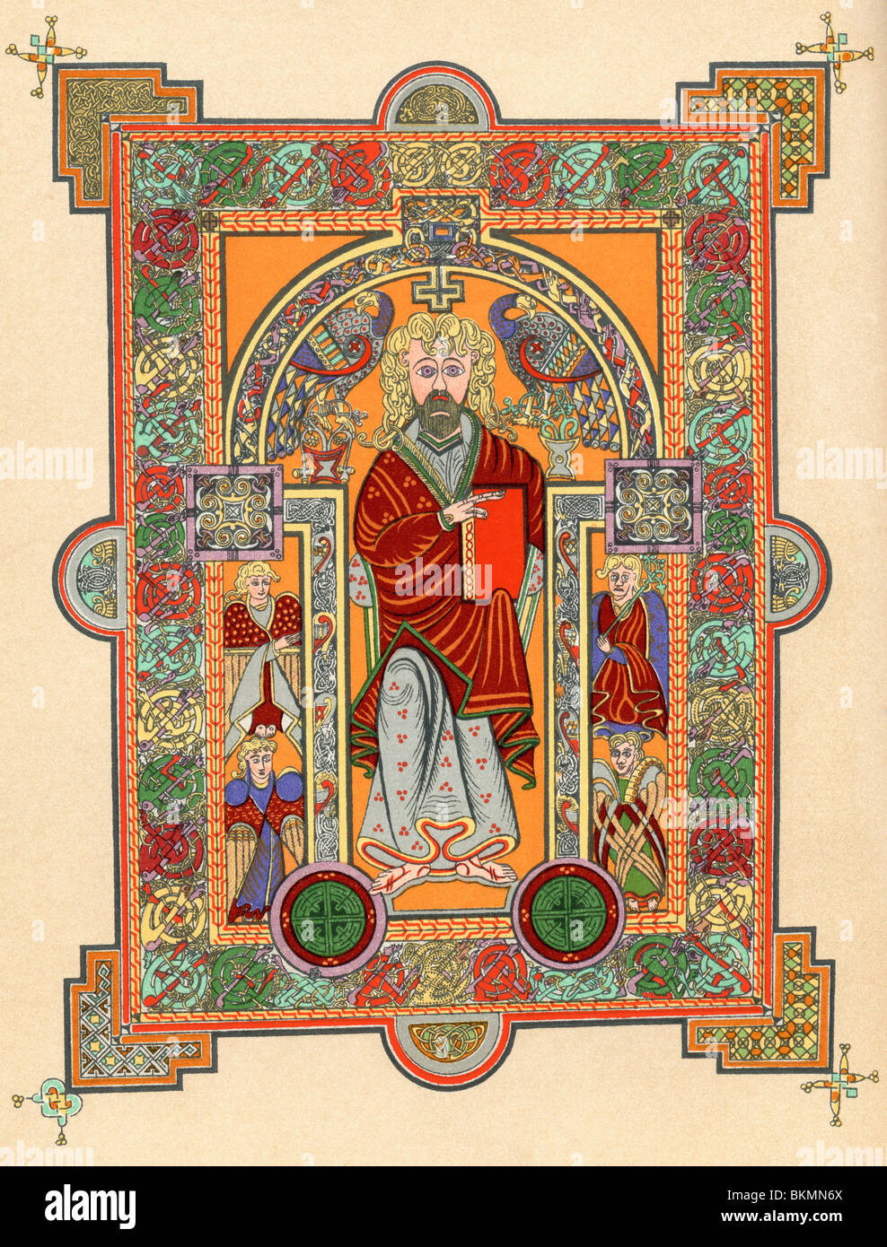 Cristo con cuatro ángeles, página de introducción al evangelio de san Mateo, desde el Libro de Kells, c.800. Foto de stock