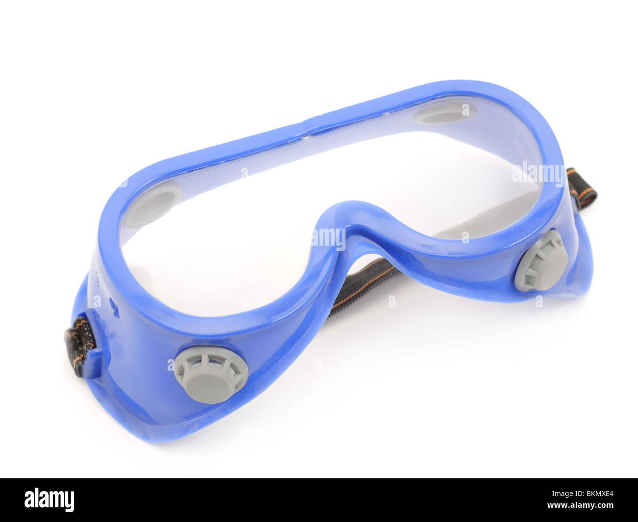 Gafas de protección azul dispara sobre fondo blanco. Foto de stock