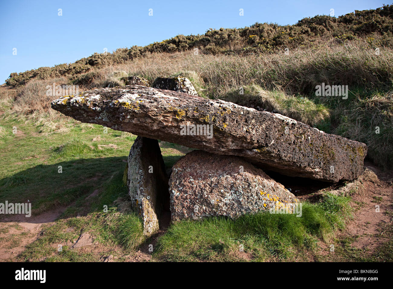 King's Quoit cámara mortuoria del neolítico en la ruta de la costa de Pembrokeshire Manorbier Gales UK Foto de stock