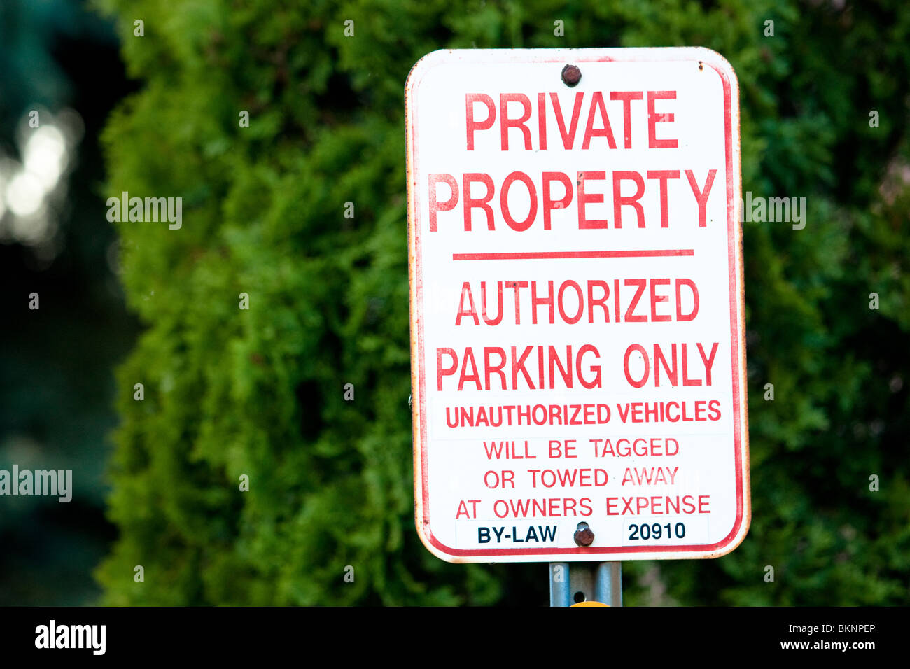 La propiedad privada de aparcamiento autorizado único signo de vehículos no autorizados serán etiquetadas o remolcado a expensas del propietario Foto de stock