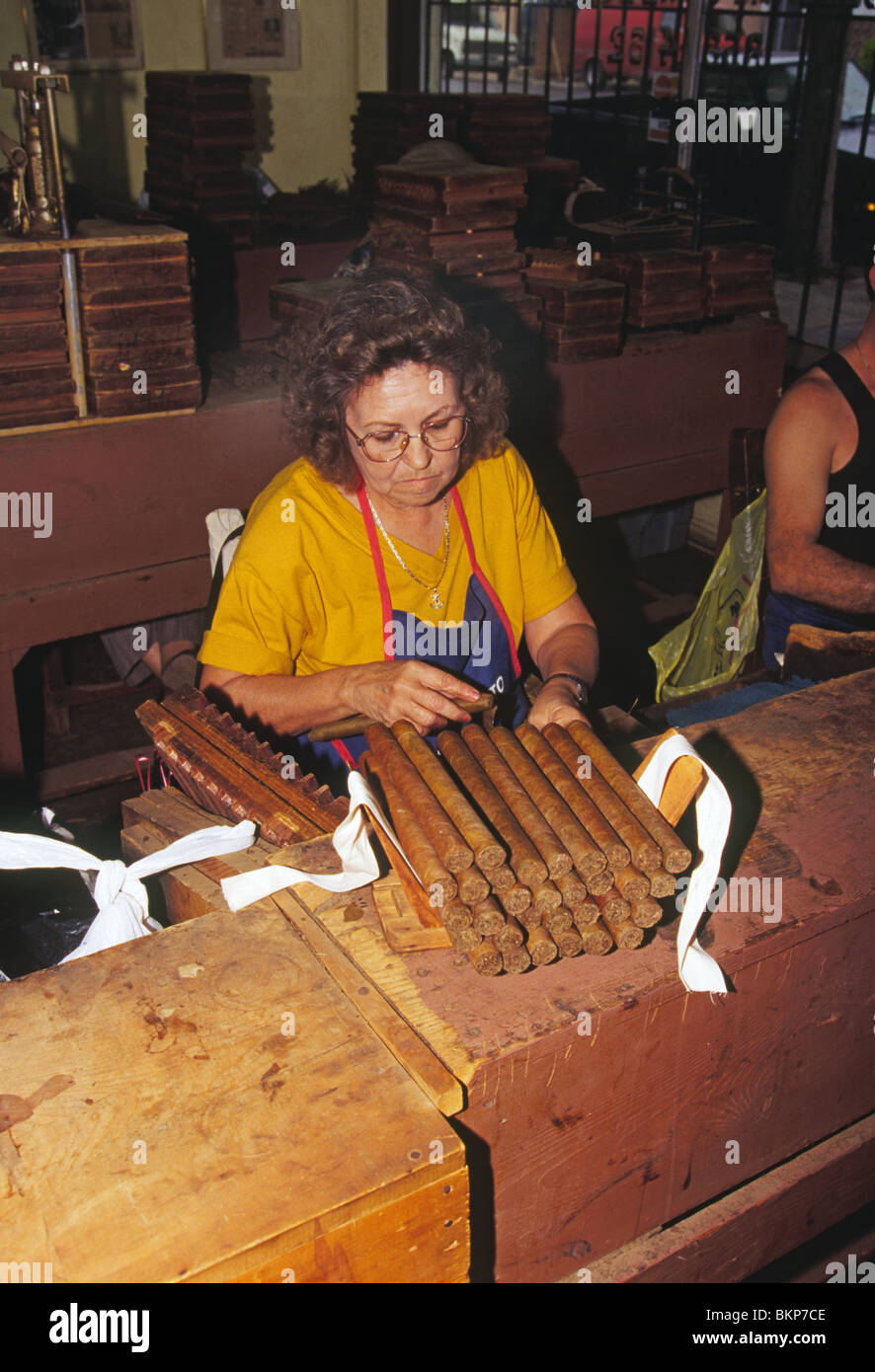 Una mujer cubana hace y paquetes de cigarros cubanos en Little Havana, en Miami, Florida Foto de stock