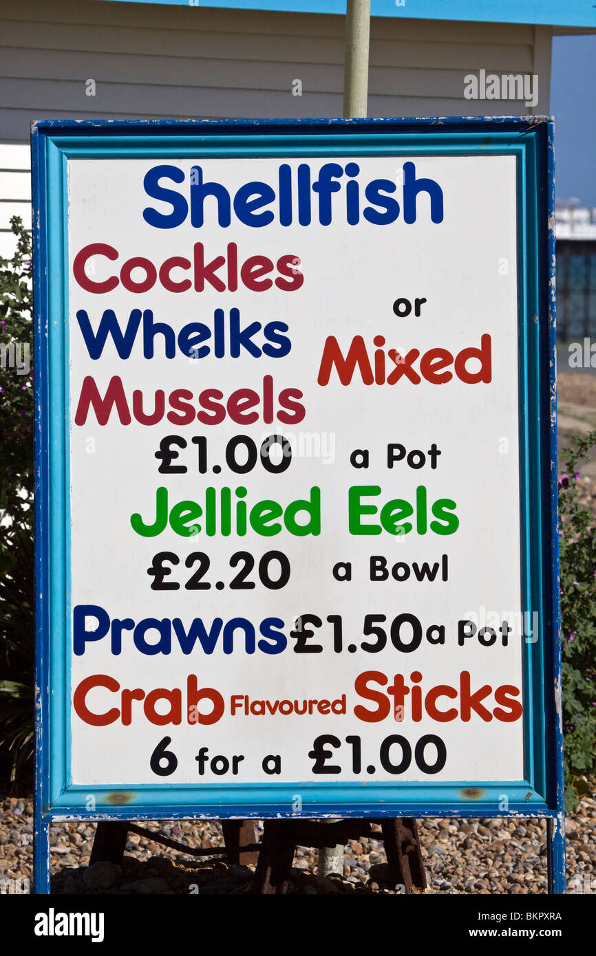 Menú de mariscos Brighton, East Sussex, Inglaterra Foto de stock