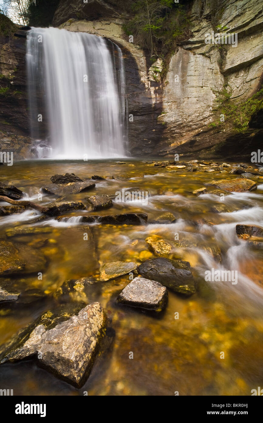 Looking Glass falls es una de las cascadas más populares en Carolina del Norte. son aproximadamente de 50 pies de altura y se encuentra justo a la salida de la autopista 276 fuera de Brevard, Carolina del Norte. Foto de stock