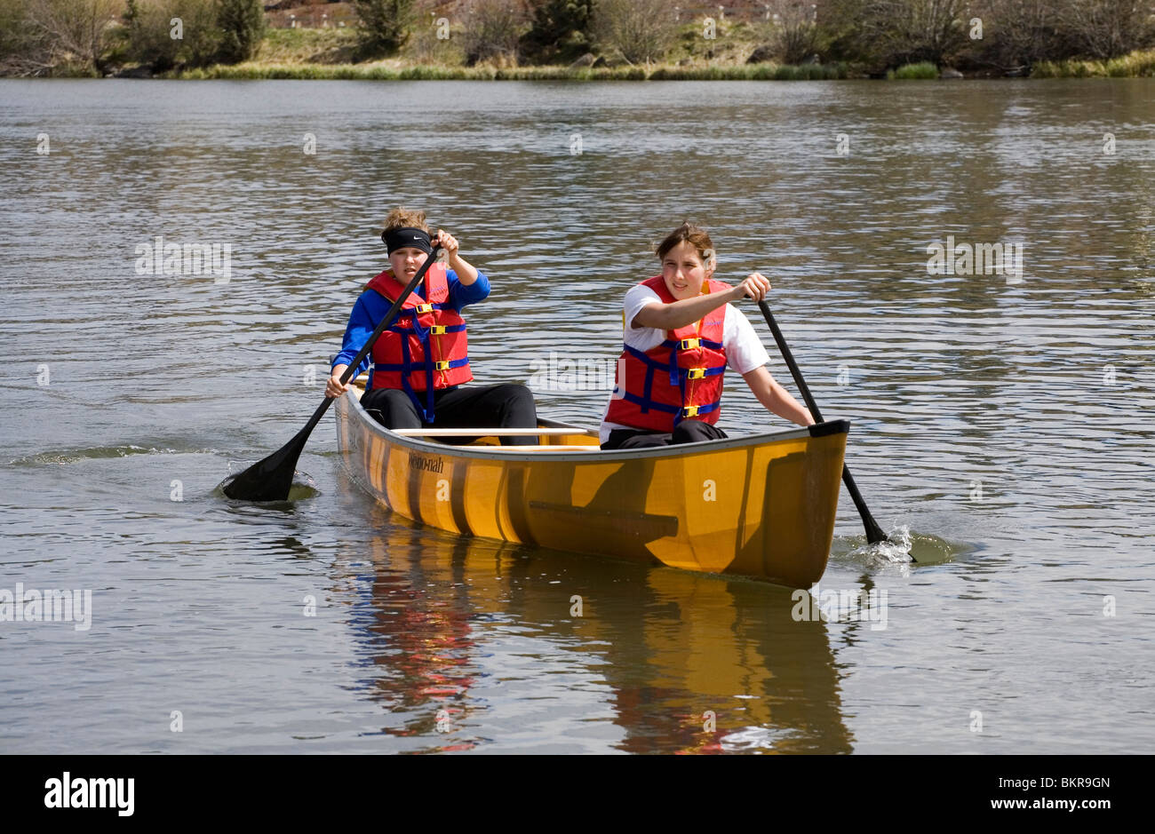 Chicas del colegio remar kevlar canoa en el río de Deschutes en Bend, Oregon Foto de stock