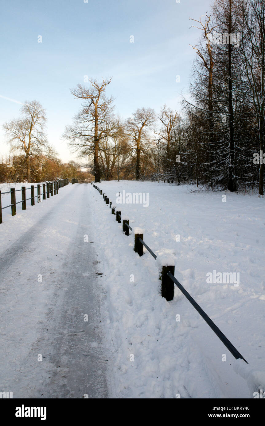 Un sendero cubierto de nieve con una valla Foto de stock