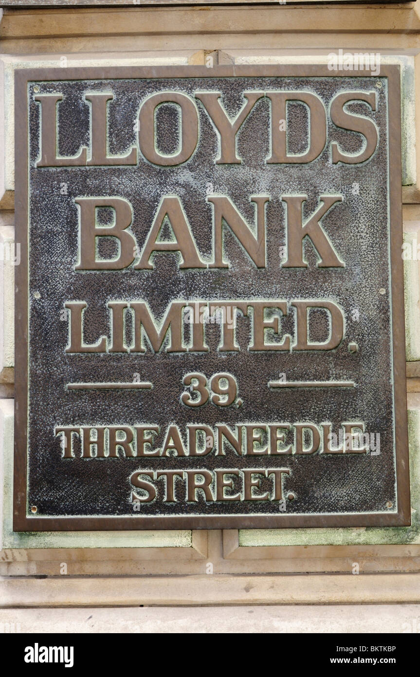 Lloyds Bank Limited 39 Threadneedle Street Sign, Londres, Inglaterra, Reino Unido. Foto de stock