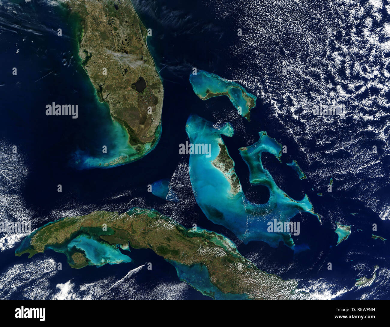 Vista satélite de los arrecifes de coral de la Gran Bahama Bank y