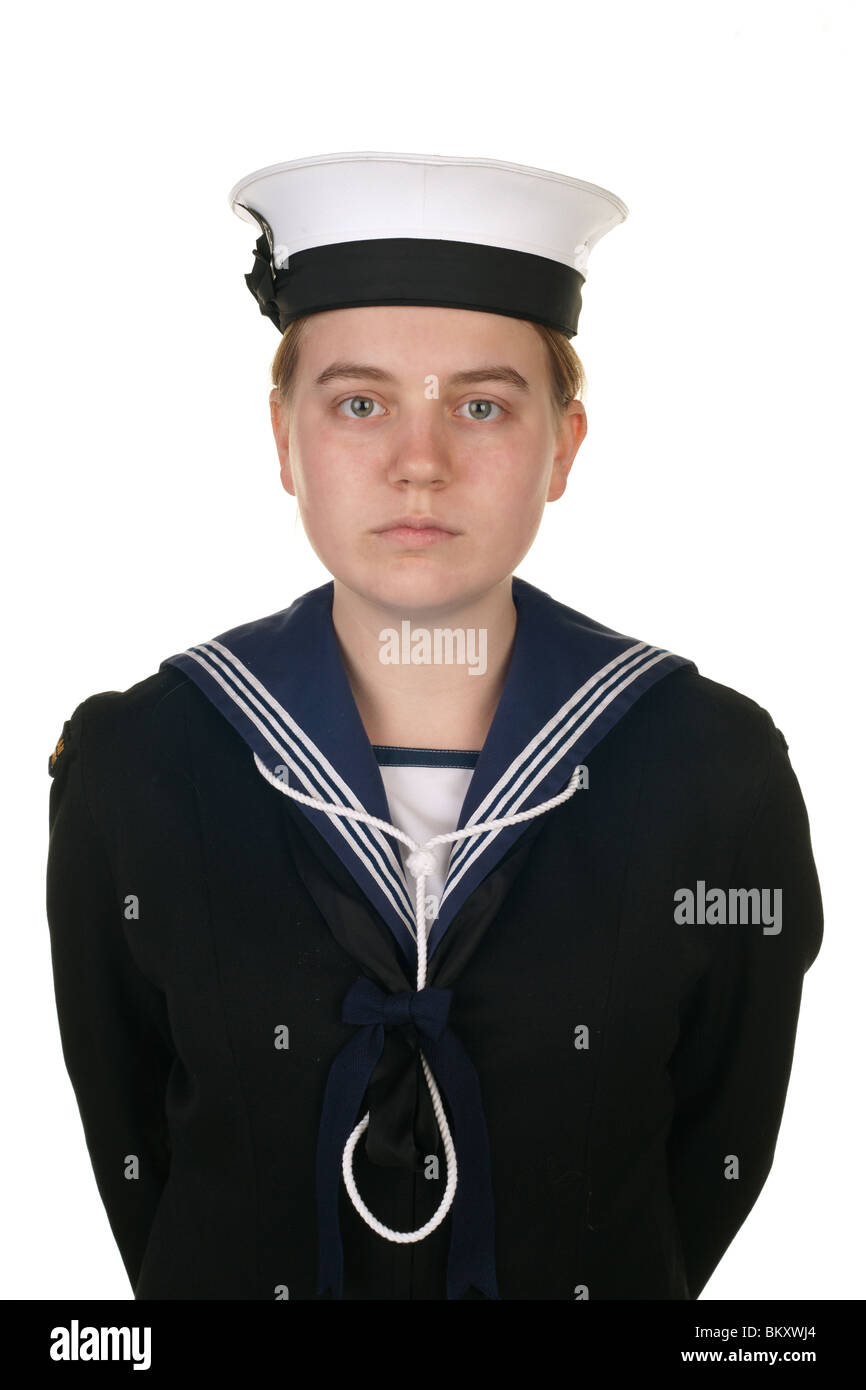Joven marinero en la armada aislado en blanco Foto de stock