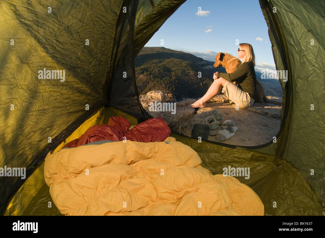 Una mujer y su perro sentado sobre una roca contemplando el atardecer mientras acampar en la montaña Animas, Durango, Colorado. Foto de stock