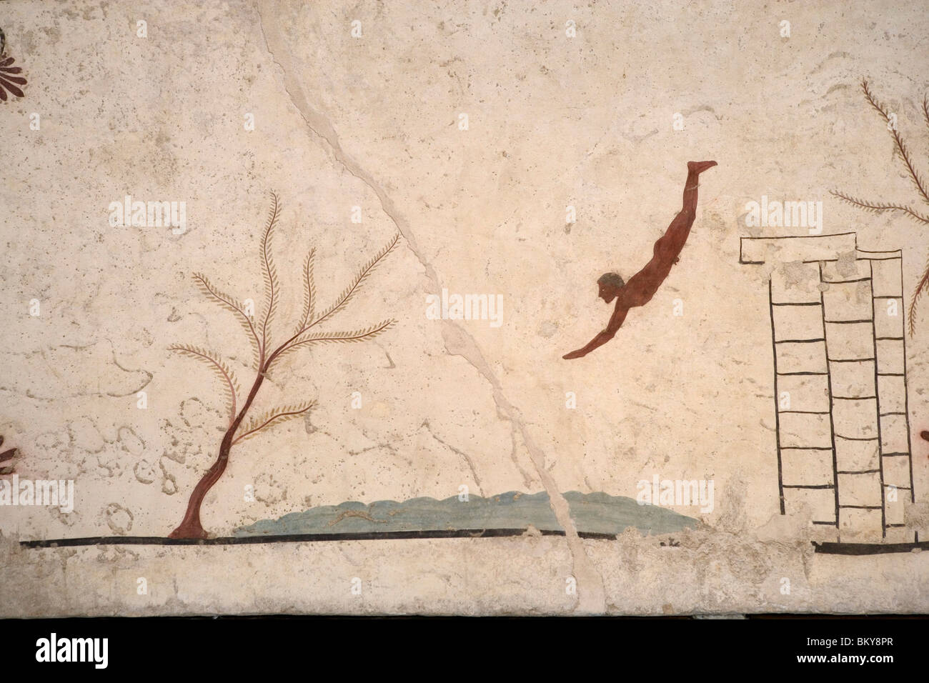 La pintura del techo, tumba del buceador en el museo arqueológico de Paestum, Patrimonio Cultural Mundial de la UNESCO, Cilento, Campania, Foto de stock