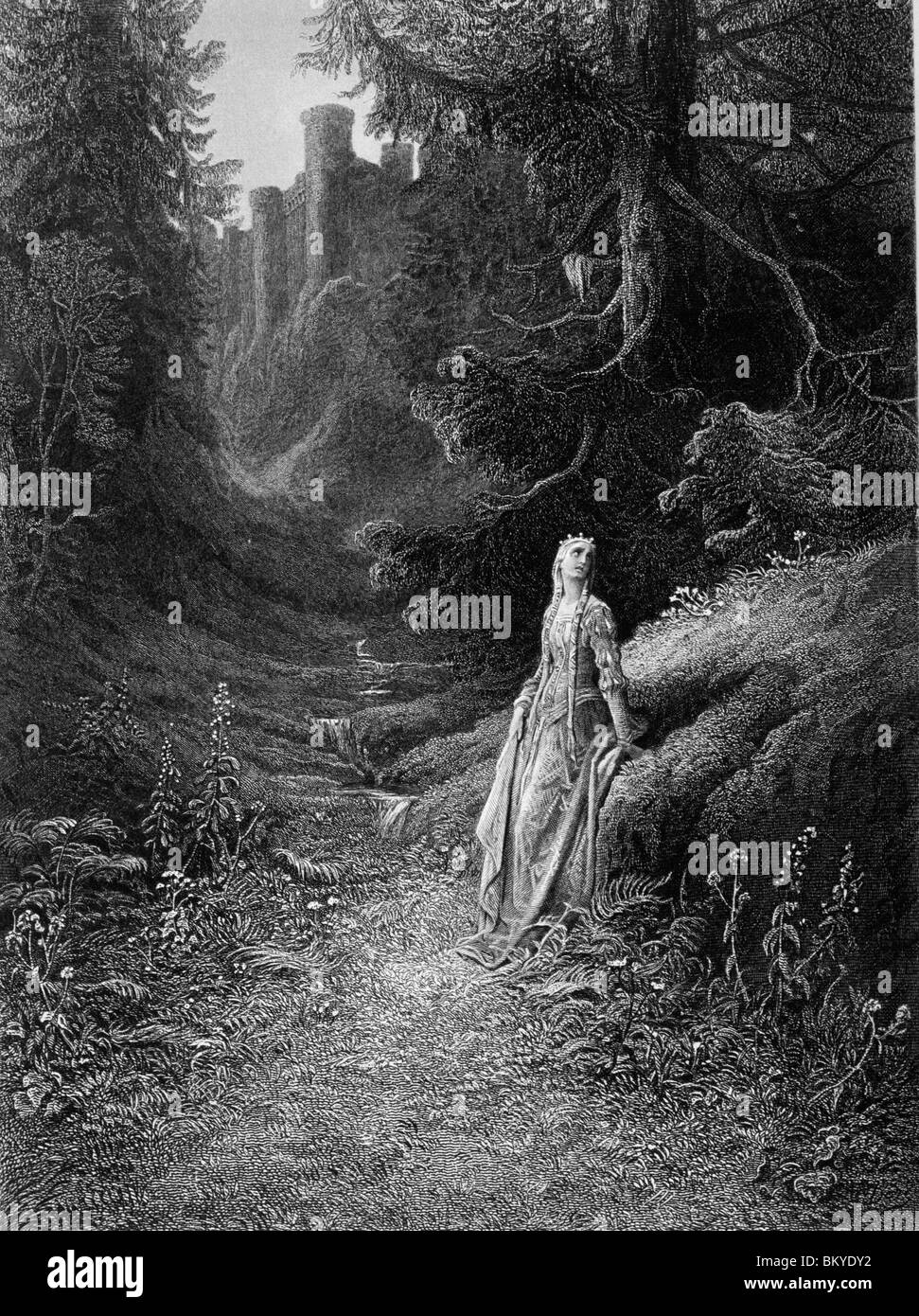 Elaine en camino a la cueva de Lancelot por Gustave Doré de idilios del