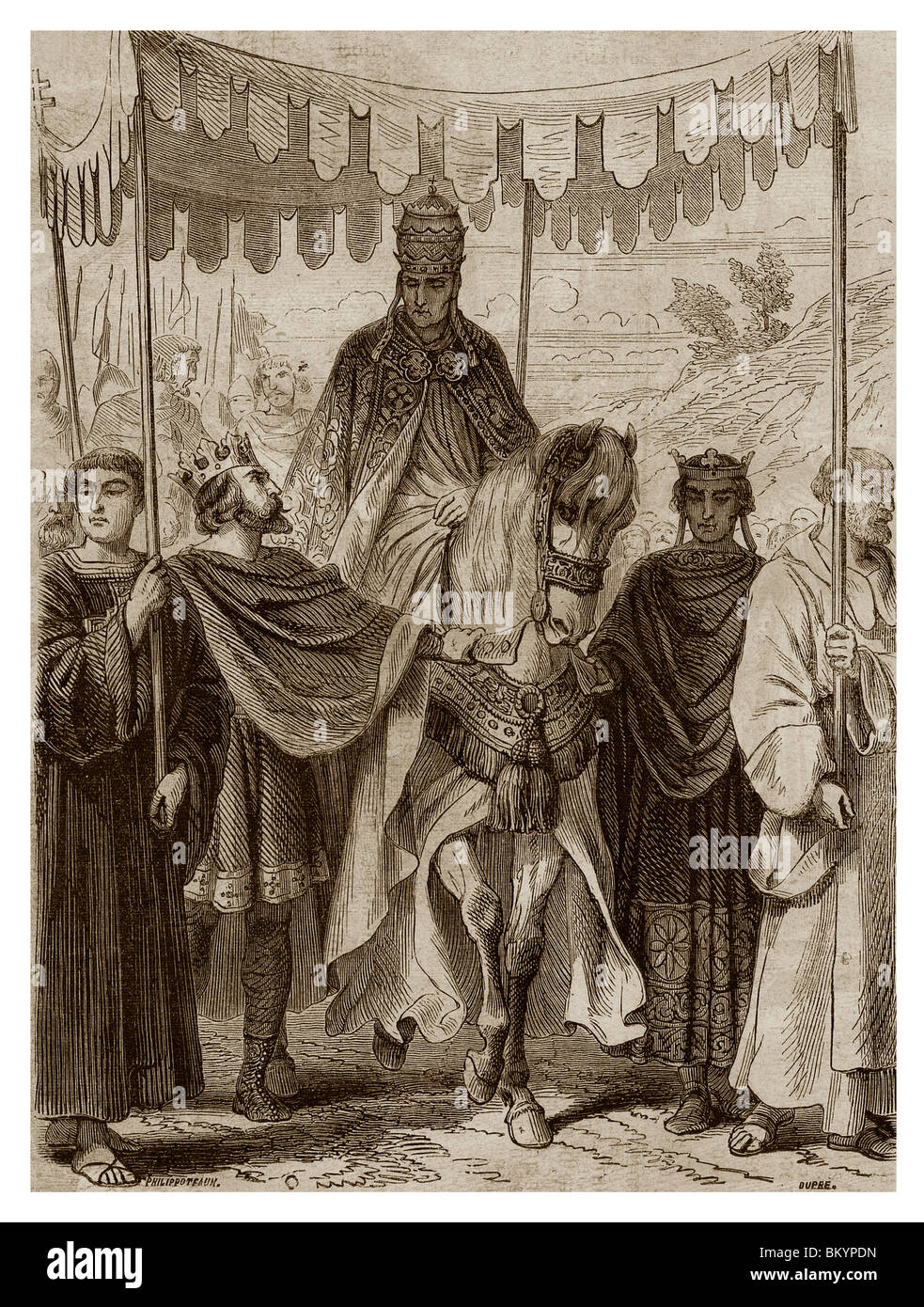 Hacia 1162, en Sens, el Papa Alejandro III fue acogido con grandes honores por el Rey Luis el joven y por el Rey Enrique II de Inglaterra. Foto de stock