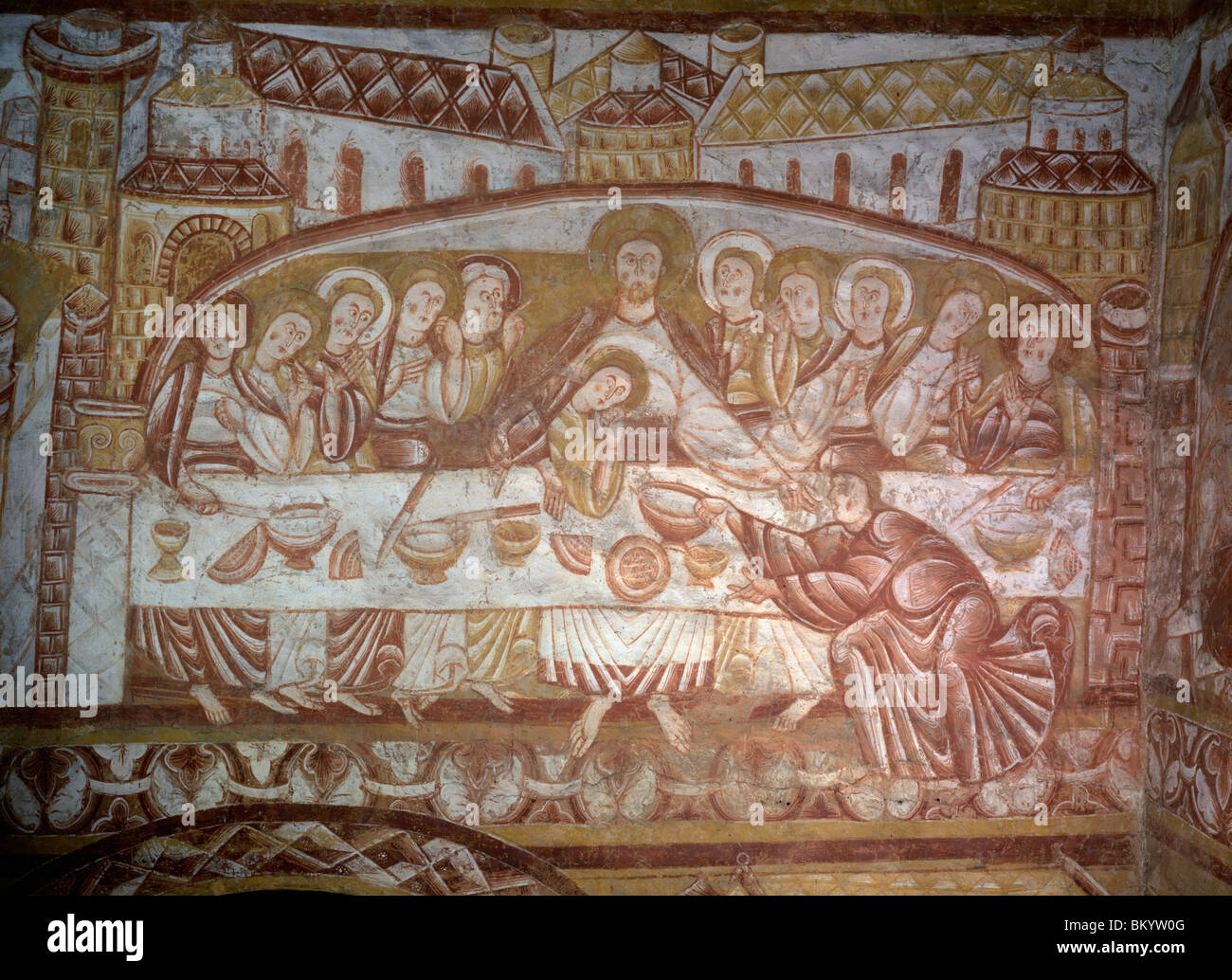 La Última Cena por artista desconocido, fresco, del siglo XII. Foto de stock