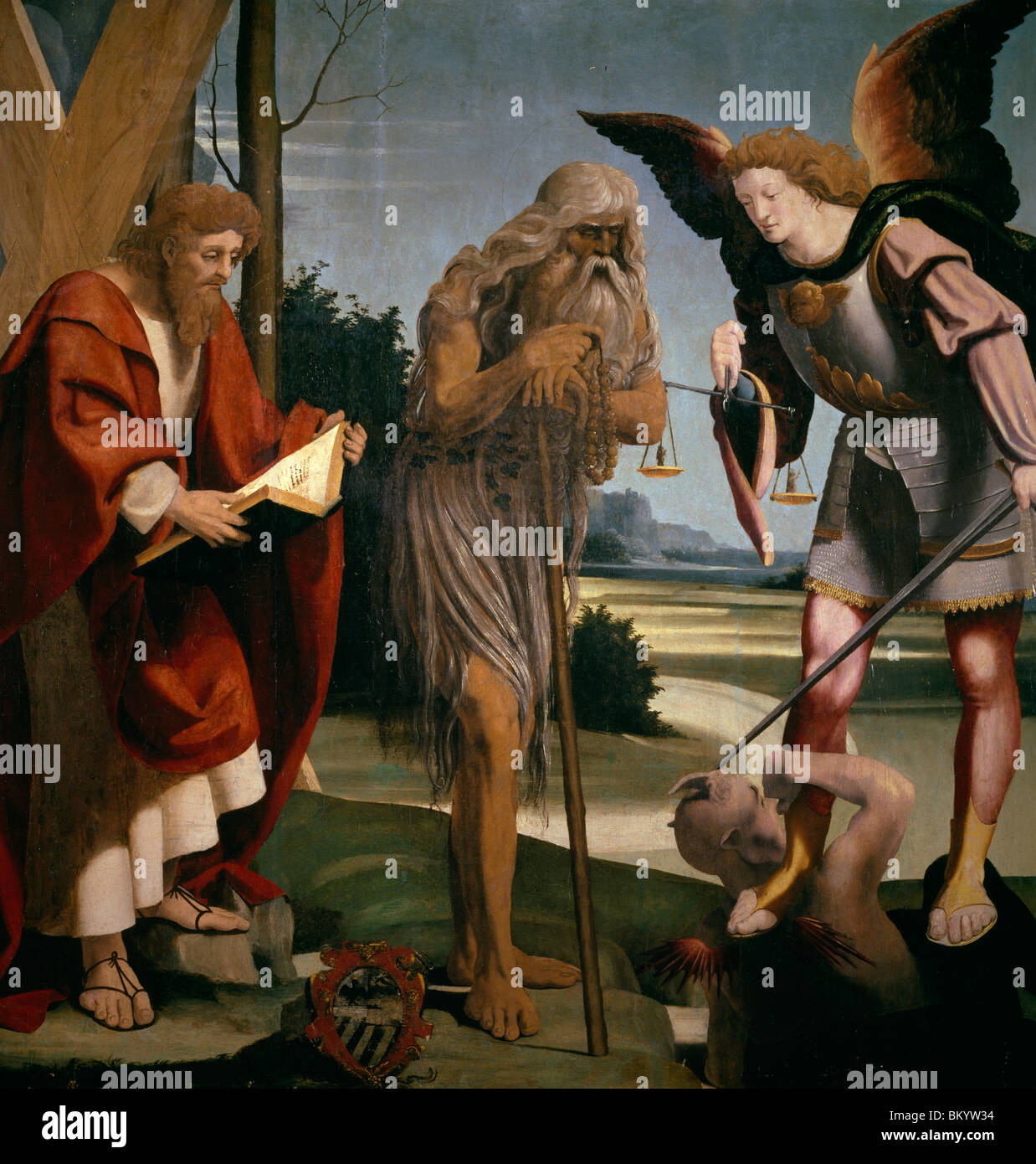 Saint Onuphile San Miguel y San Andrés por Bramantino (Bartolommeo Suardi) Oleo sobre madera (c. 1465-1530) privado de Roma Foto de stock