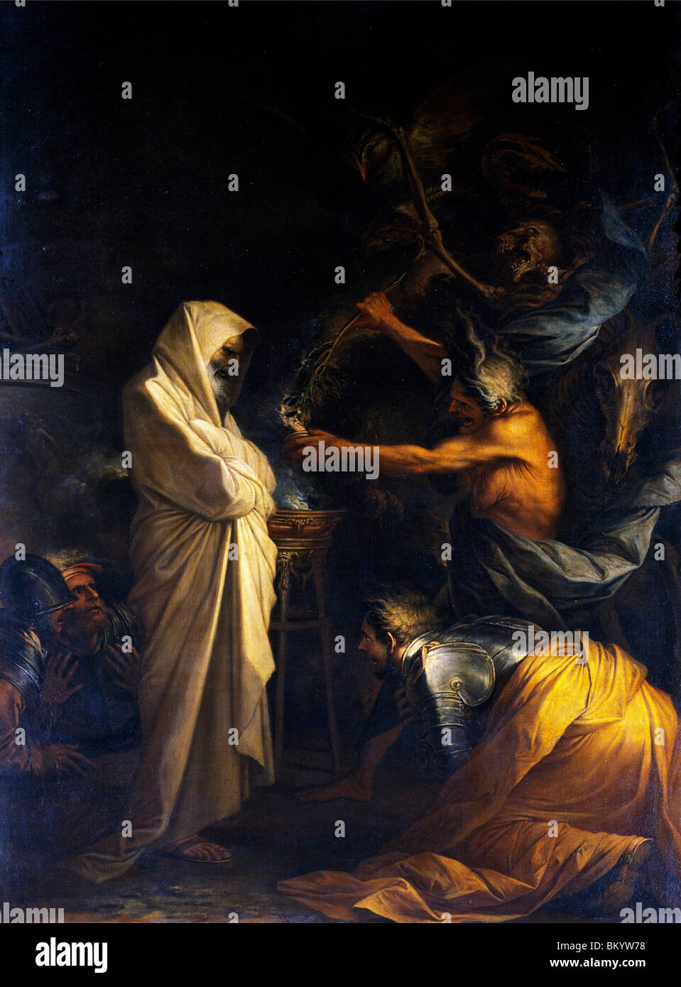 Fantasma de Samuel llamó delante de Saúl por la bruja de Endor por Salvator Rosa, (1615-1673), París, Musée du Louvre Foto de stock
