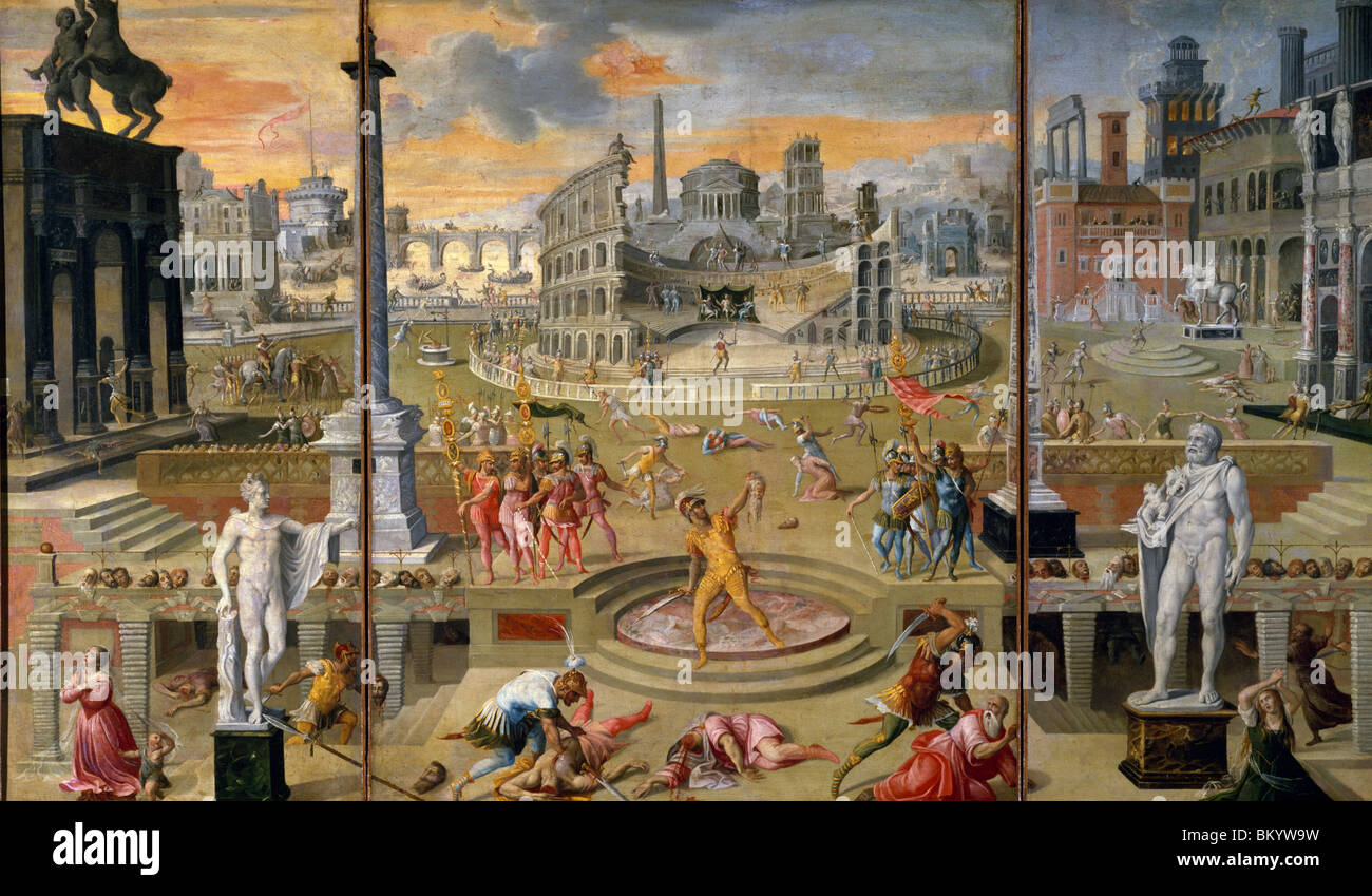 La masacre de El Triunvirato por Antoine Caron, (1520-1598), París, Musée du Louvre Foto de stock