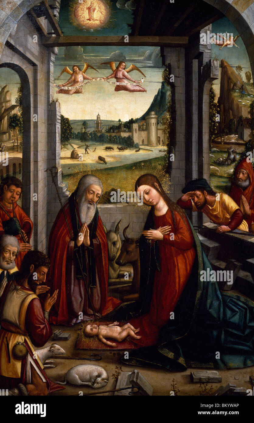 La Natividad por el maestro de Jativa, (15º-16º siglo), España, Madrid, Colección Privada. Foto de stock