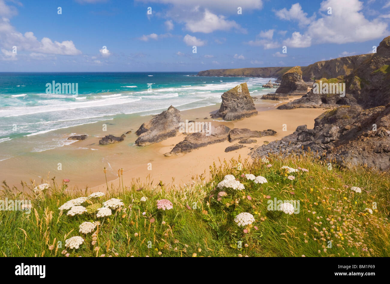 Pilas de rocas, la playa y la escarpada costa en Bedruthan Pasos, Norte de Cornwall, Inglaterra, Reino Unido, Europa Foto de stock