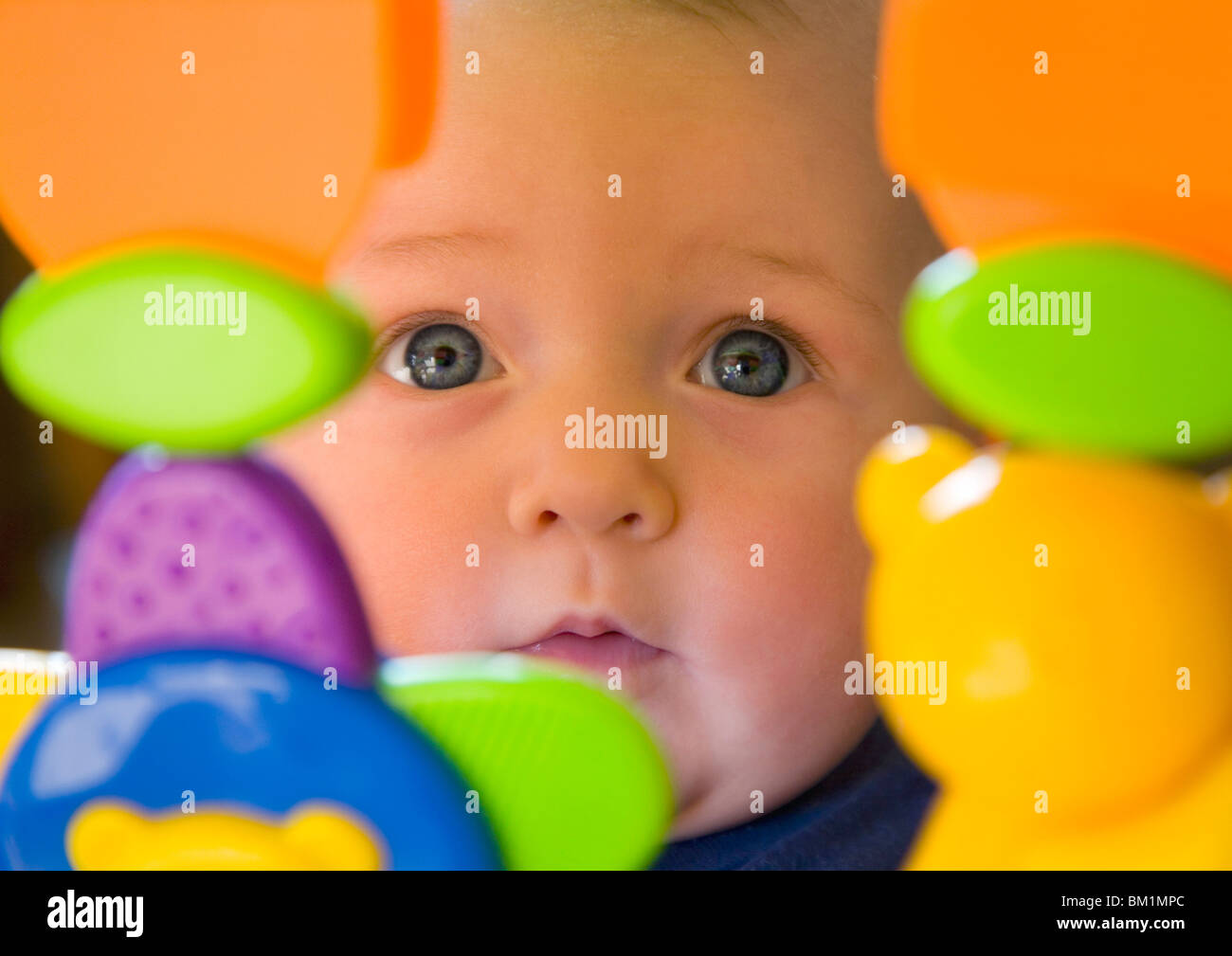 Niña de 6 mes de edad niño con ojos azules mirando a través de juguetes de plástico. Foto de stock