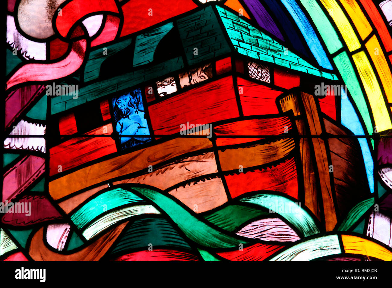 Noah's Ark representado en vidriera, iglesia Saint-Joseph des aletas, Annecy, Haute Savoie, Francia Foto de stock