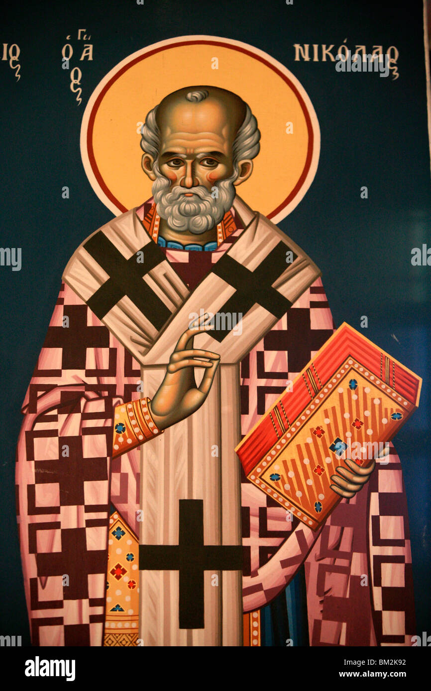 Icono ortodoxo griego que representa San Nicolás, Tesalónica, Macedonia, Grecia Foto de stock