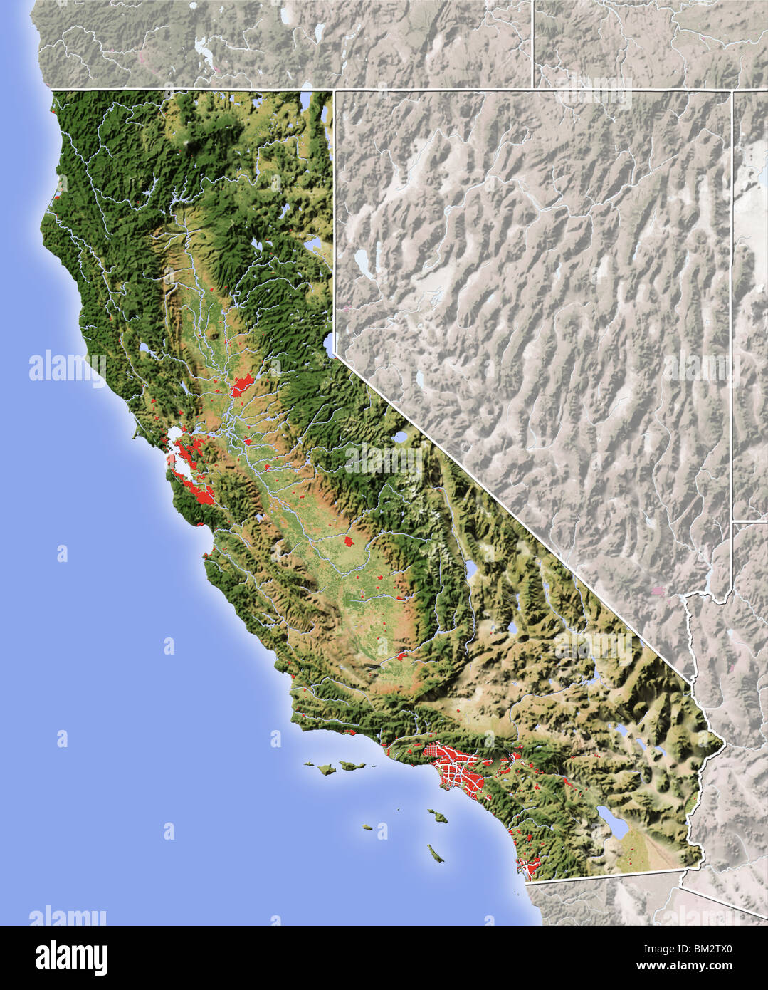 California, Mapa en relieve sombreado. Foto de stock
