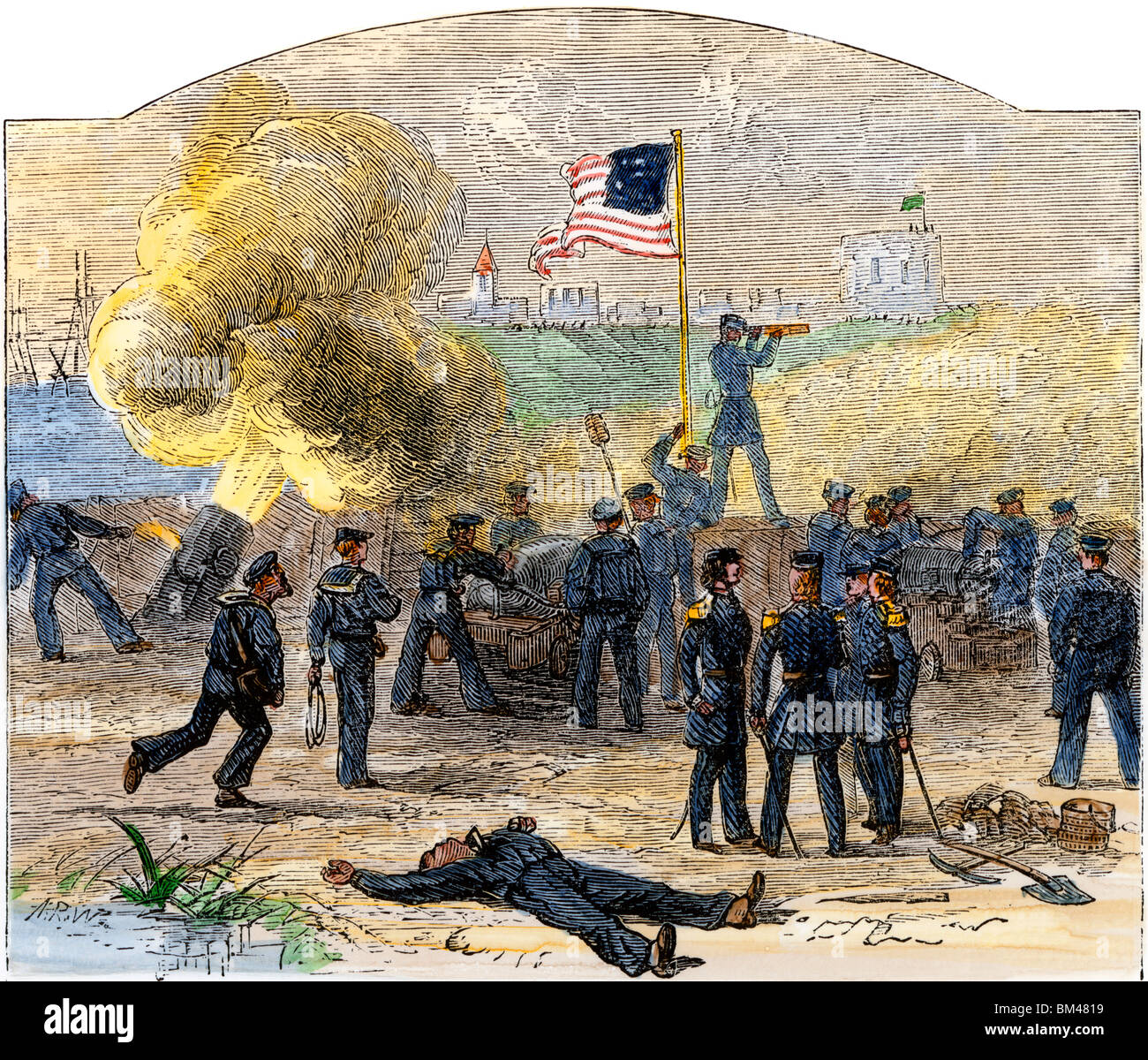 Bombardeo de la Vera Cruz por US Marines, Guerra Mexicana, 1847. Xilografía coloreada a mano Foto de stock