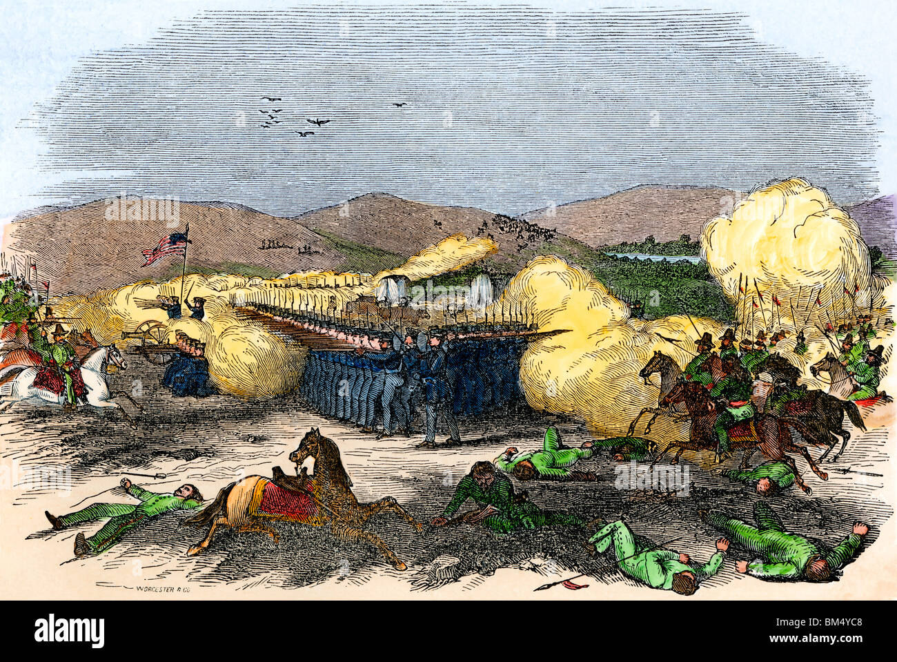 Los marines, marineros, dragones, y los voluntarios hold off ataque mejicano, Batalla de San Gabriel, mexicano-estadounidense, la guerra de 1847. Xilografía coloreada a mano Foto de stock