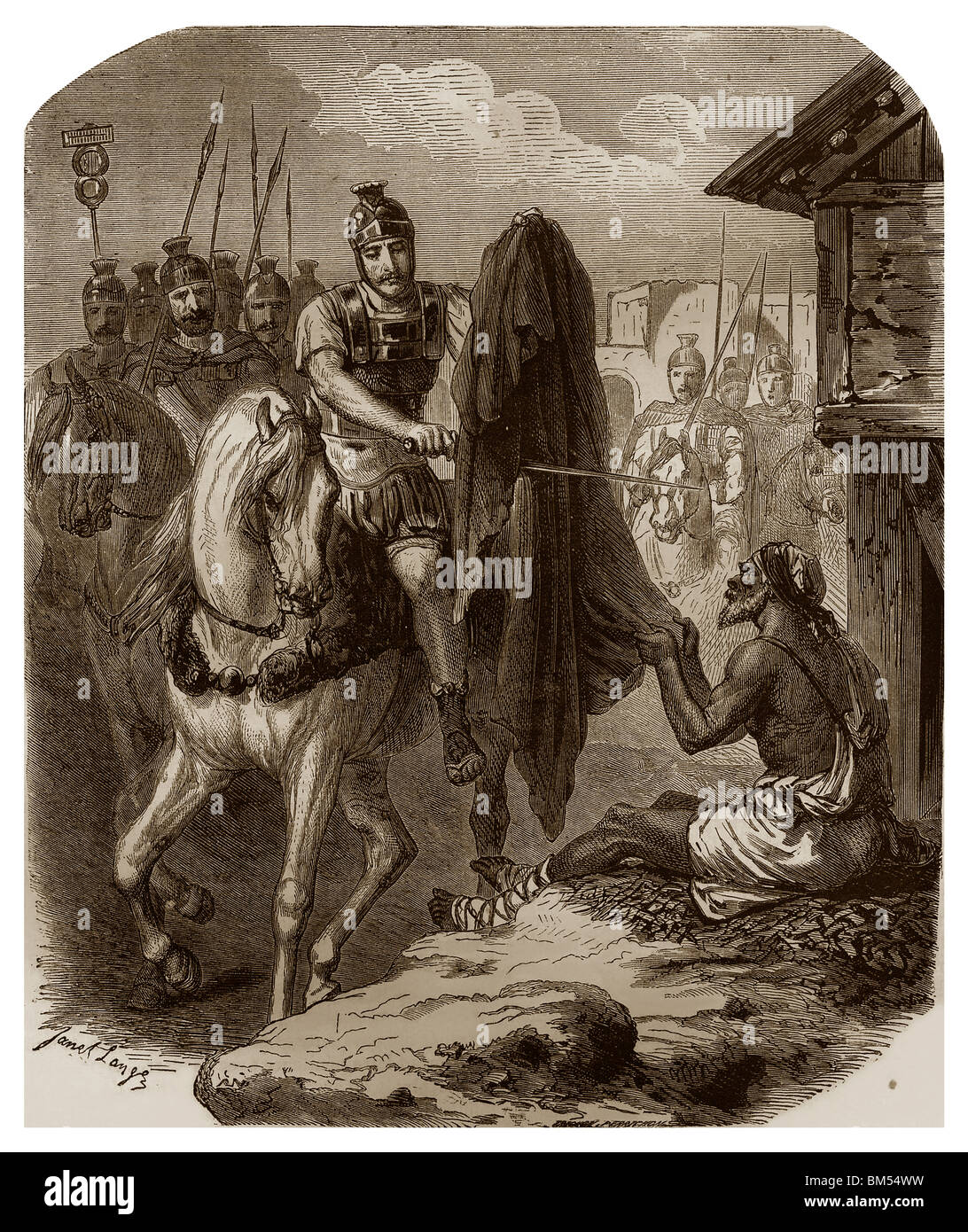 En 338, cerca de Amiens, durante el duro invierno, San Martín de Tours, obispo de Tours, cortar su abrigo y dio la mitad a un mendigo. Foto de stock