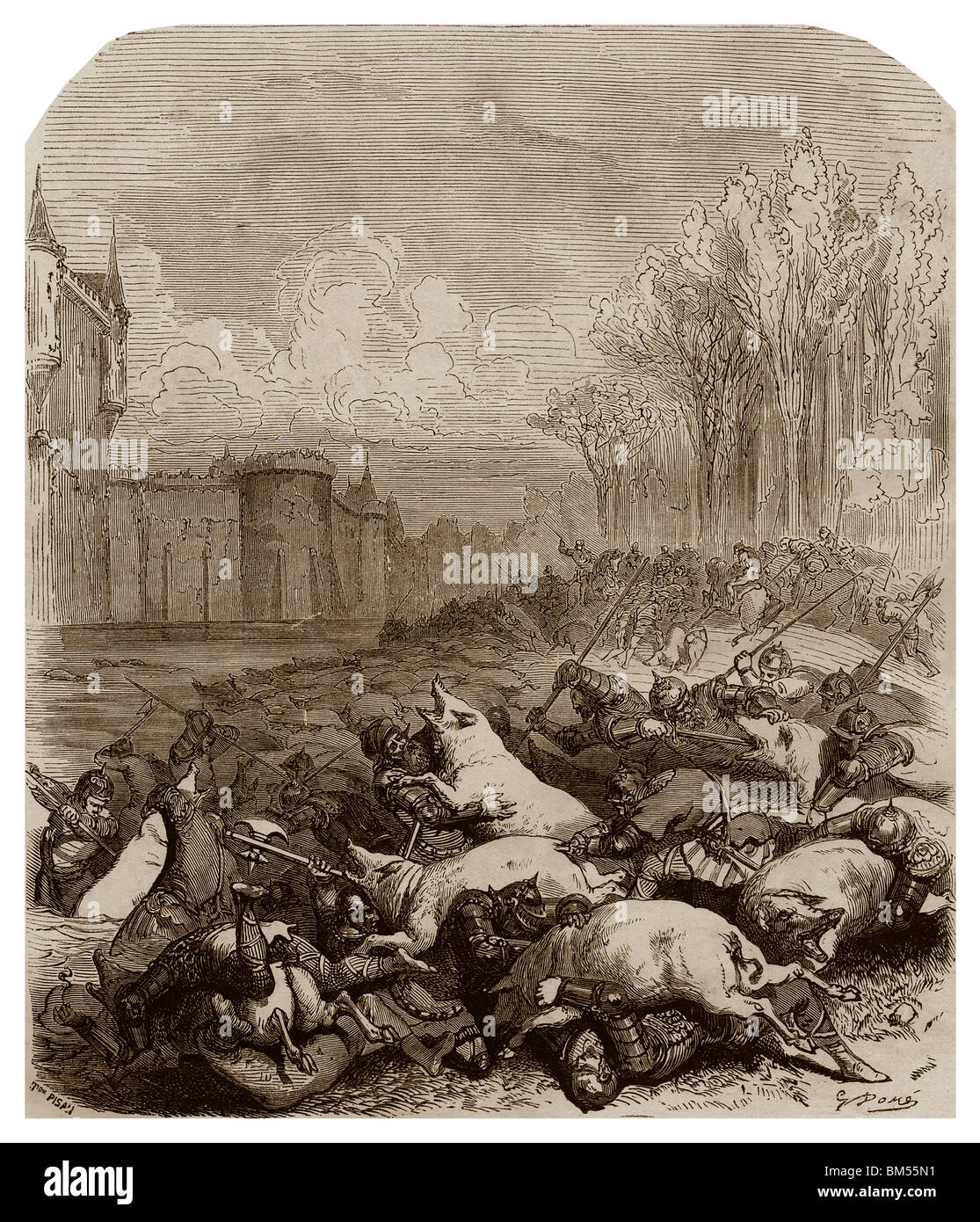 En 1356, durante el asedio de Rennes por los ingleses, la estratagema de Bertrand Duguesclin. Foto de stock