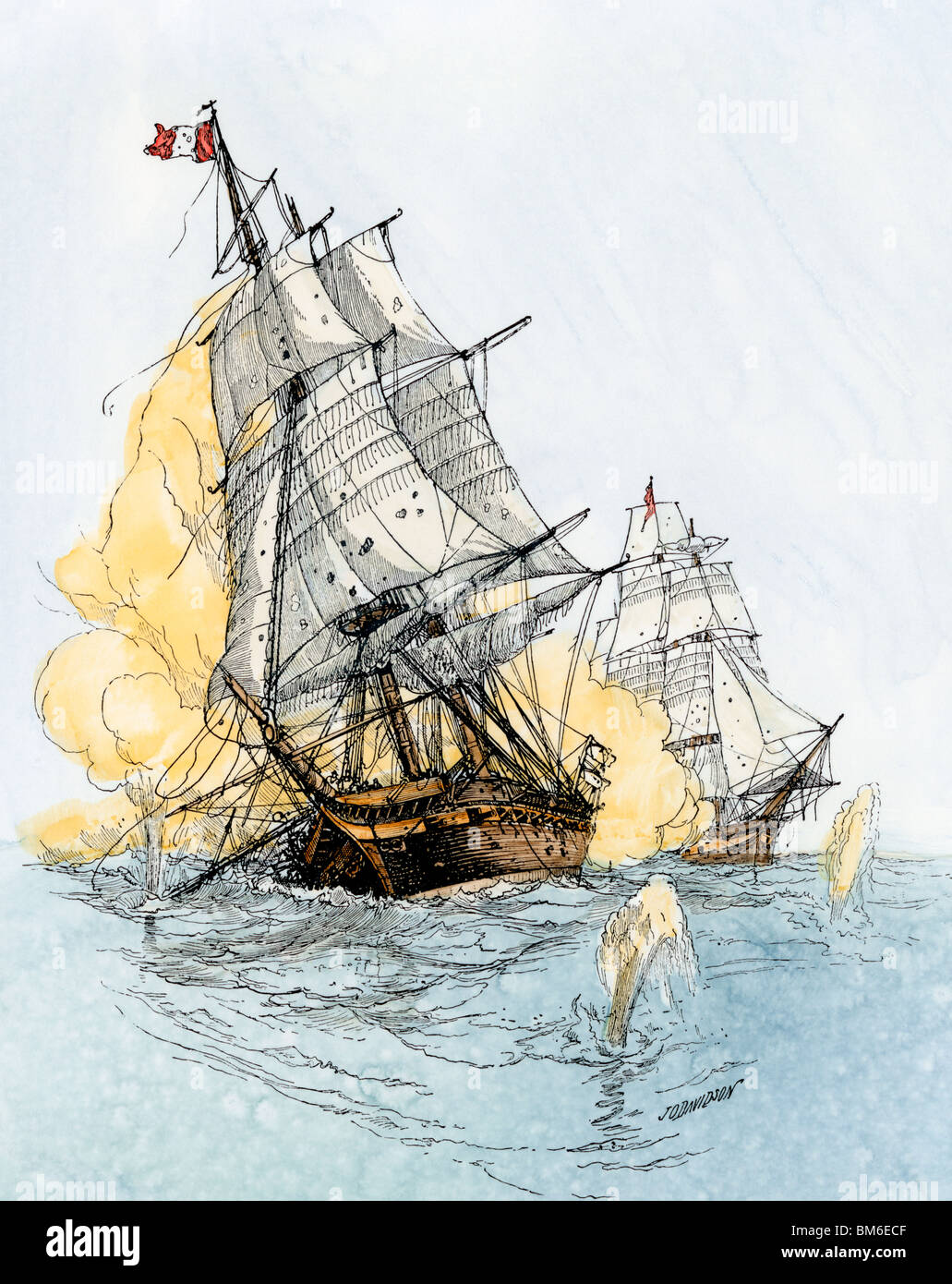 Buque norteamericano "Boston" disparando sobre "Le Berceau" en la guerra naval no declarada con Francia, 1800. Xilografía coloreada a mano Foto de stock