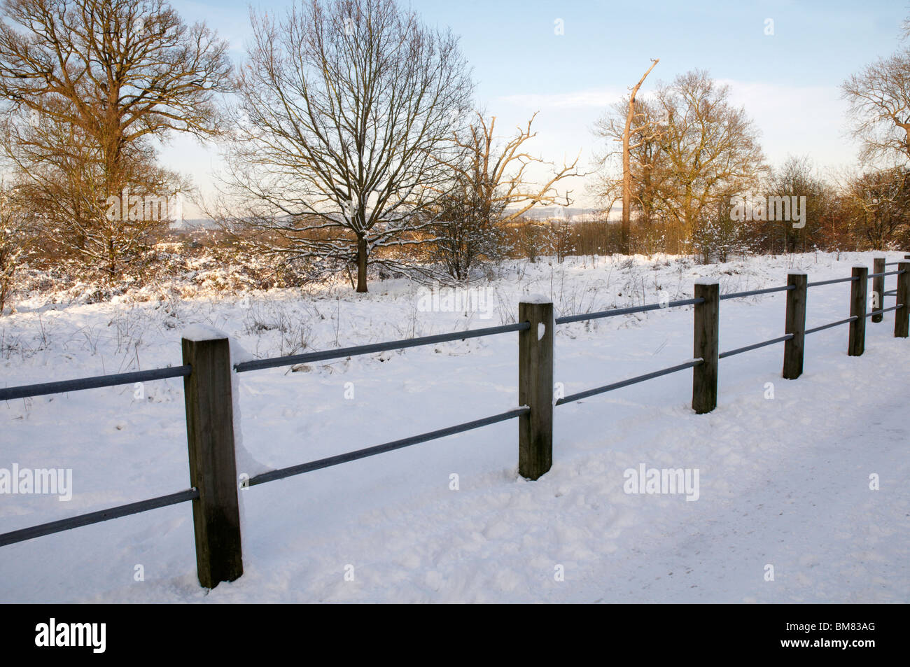 Un sendero cubierto de nieve con una valla Foto de stock