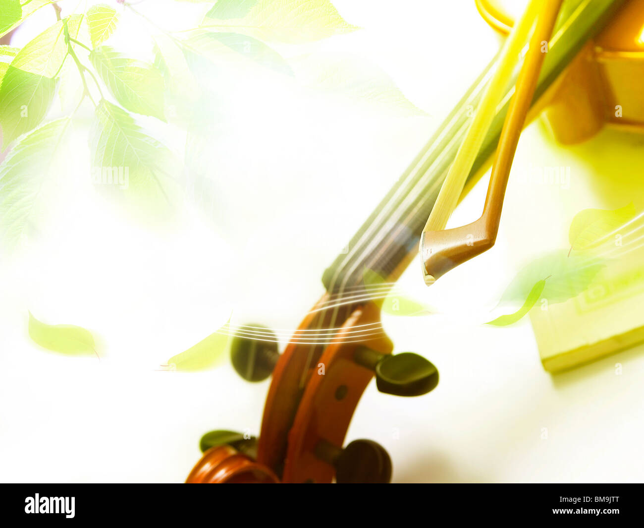 Imagen de hojas y violín, gráficos por ordenador Foto de stock