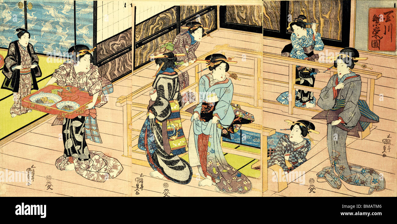 Vista interior de un restaurante, por Utagawa Kunisada. Grabado en madera. Japón, c.1820 Foto de stock